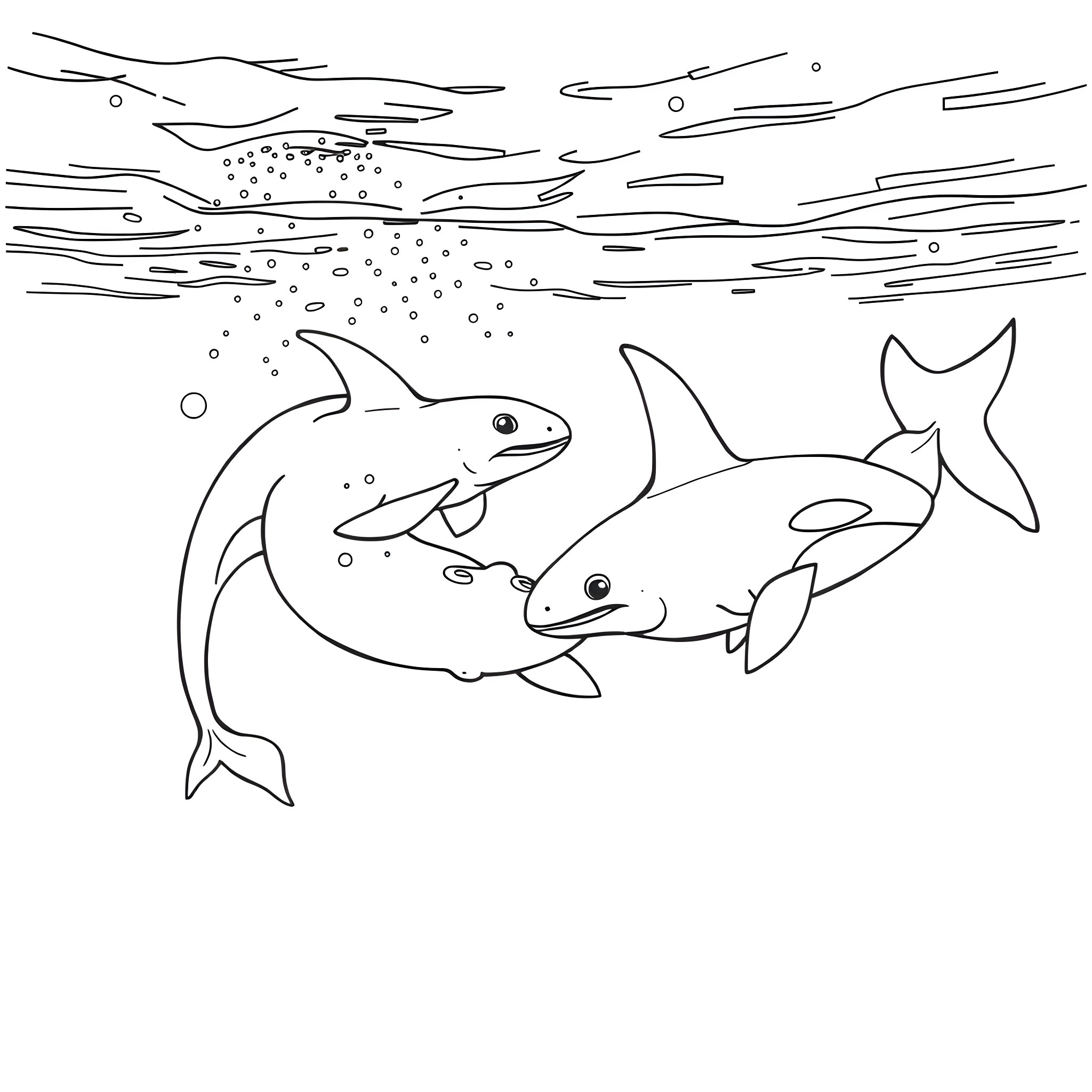 Axolotl friends swimming through the ocean Coloring Page (free black-and-white line drawing printable PDF for all, from beginners to advanced learners, including children, teens, adults, and seniors)