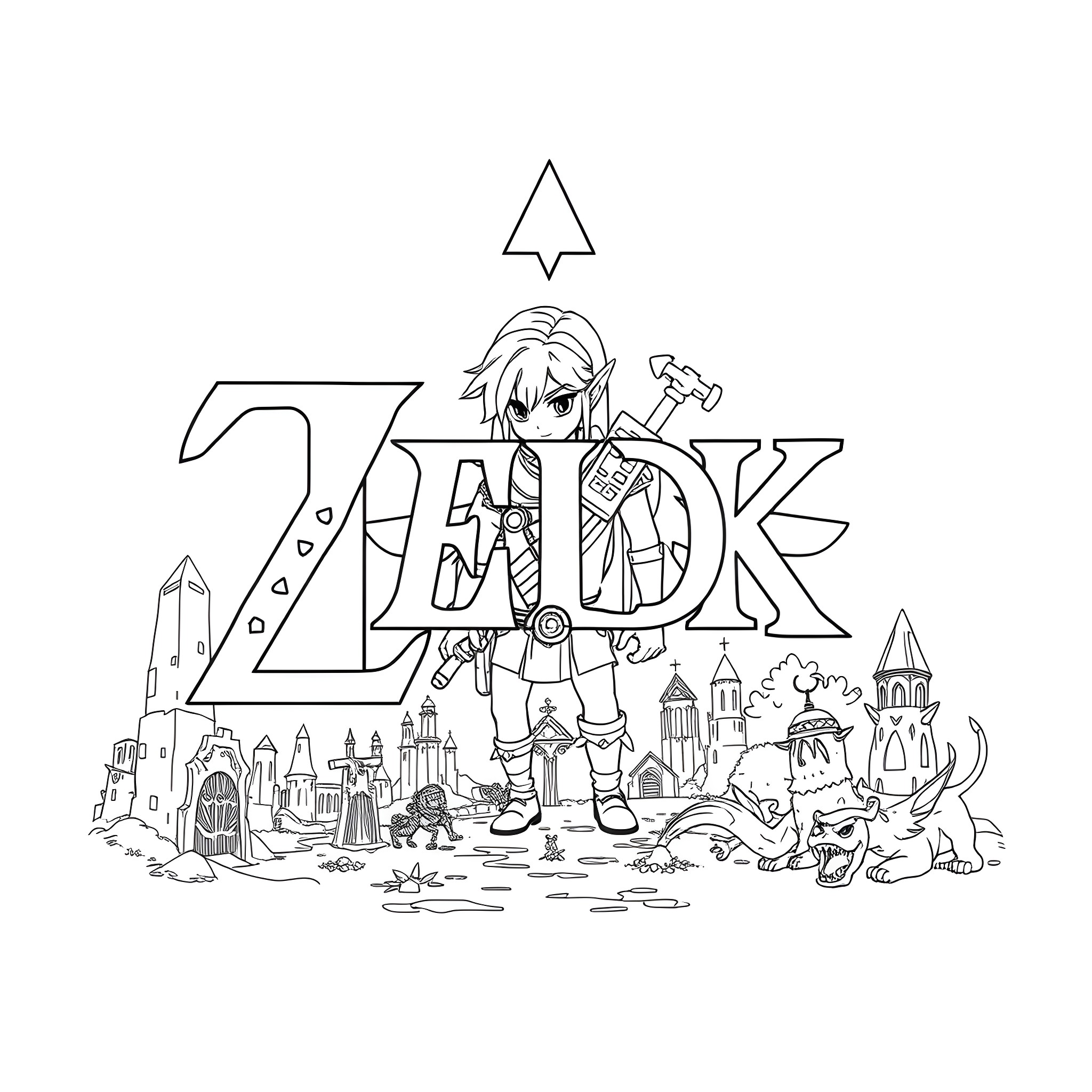 Jack's Adventure in the Fantastical Land of Zelda Coloring Page (free black-and-white line drawing printable PDF for all, from beginners to advanced learners, including children, teens, adults, and seniors)