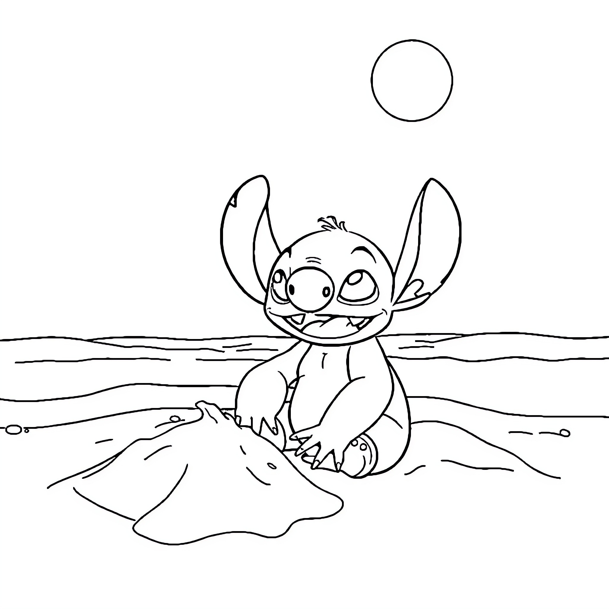 Stitch playing happily in the waves Coloring Page (free black-and-white line drawing printable PDF for all, from beginners to advanced learners, including children, teens, adults, and seniors)