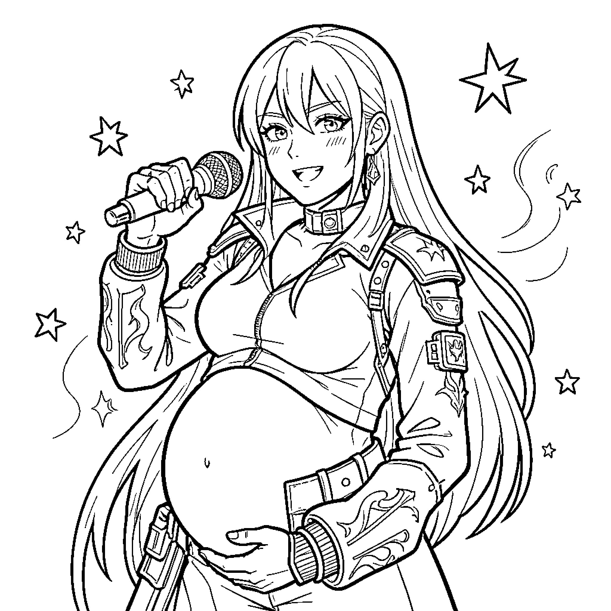 Mira Star singing happily while holding her belly Coloring Page (free black-and-white line drawing printable PDF for all, from beginners to advanced learners, including children, teens, adults, and seniors)