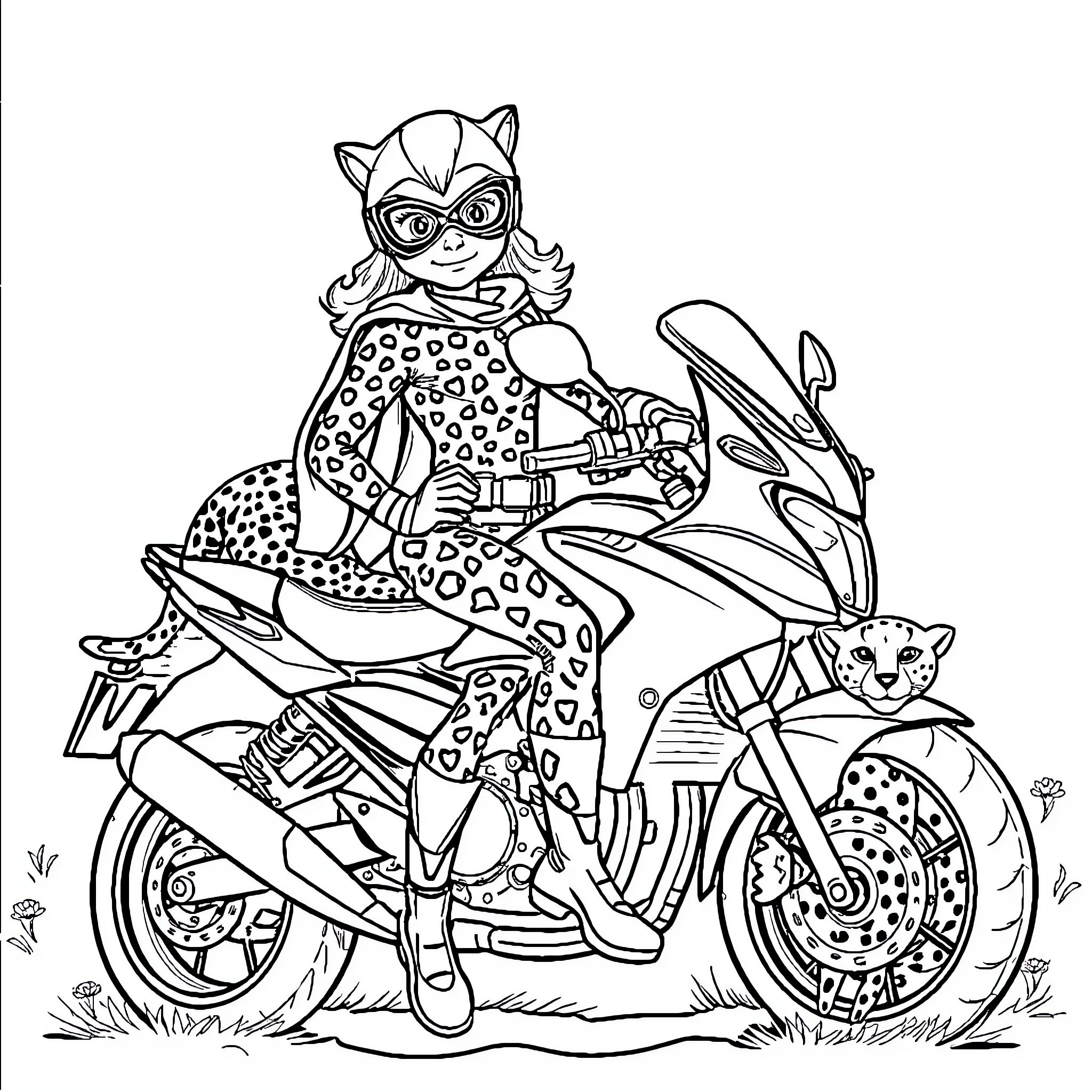 Girl riding motorcycle with her pet cheetah Coloring Page (free black-and-white line drawing printable PDF for all, from beginners to advanced learners, including children, teens, adults, and seniors)