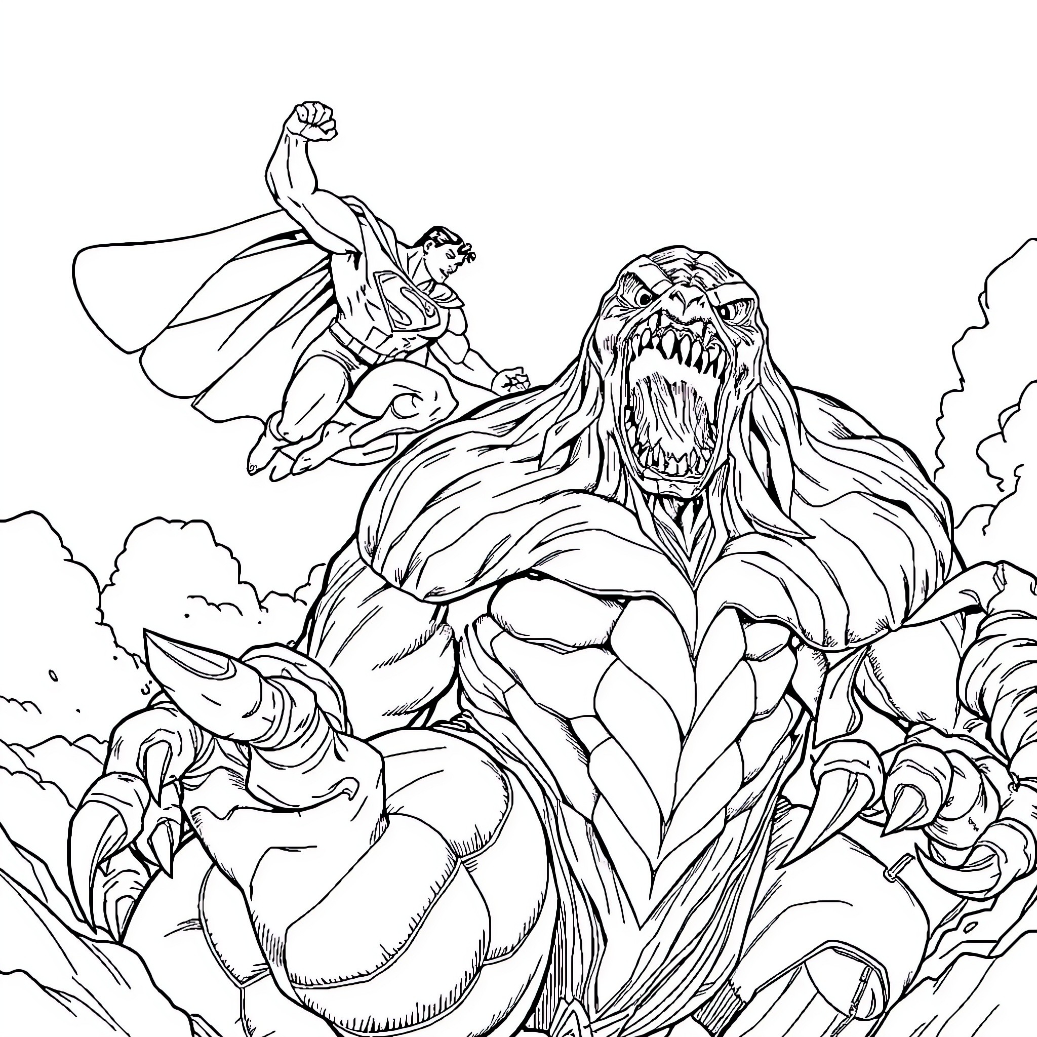 Superman battles a monstrous foe in a dramatic scene Coloring Page (free black-and-white line drawing printable PDF for all, from beginners to advanced learners, including children, teens, adults, and seniors)