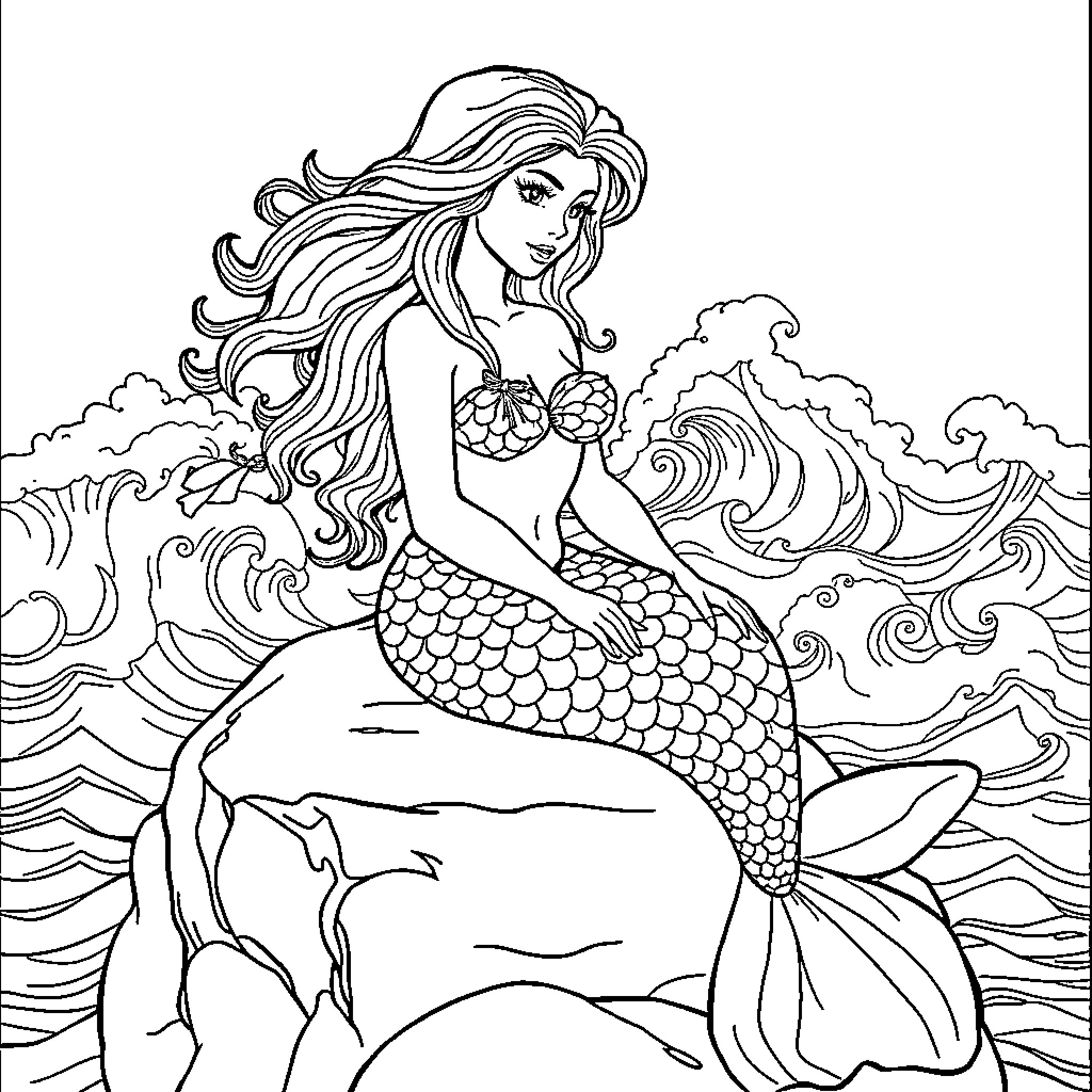 Mermaid sitting gracefully on a rock amid waves Coloring Page (free black-and-white line drawing printable PDF for all, from beginners to advanced learners, including children, teens, adults, and seniors)