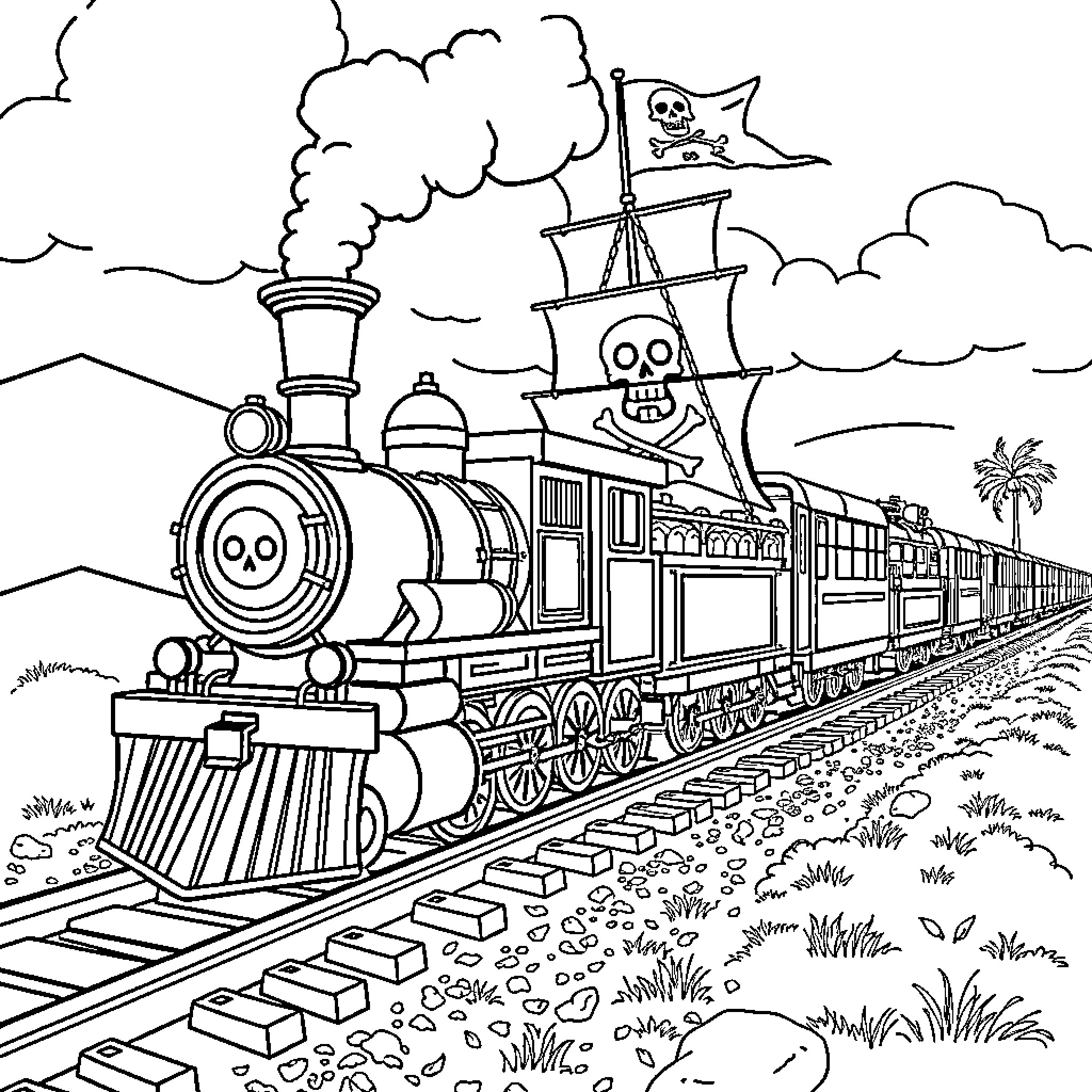 Train with Spooky Pirate Ship and Locomotive Coloring Page (free black-and-white line drawing printable PDF for all, from beginners to advanced learners, including children, teens, adults, and seniors)