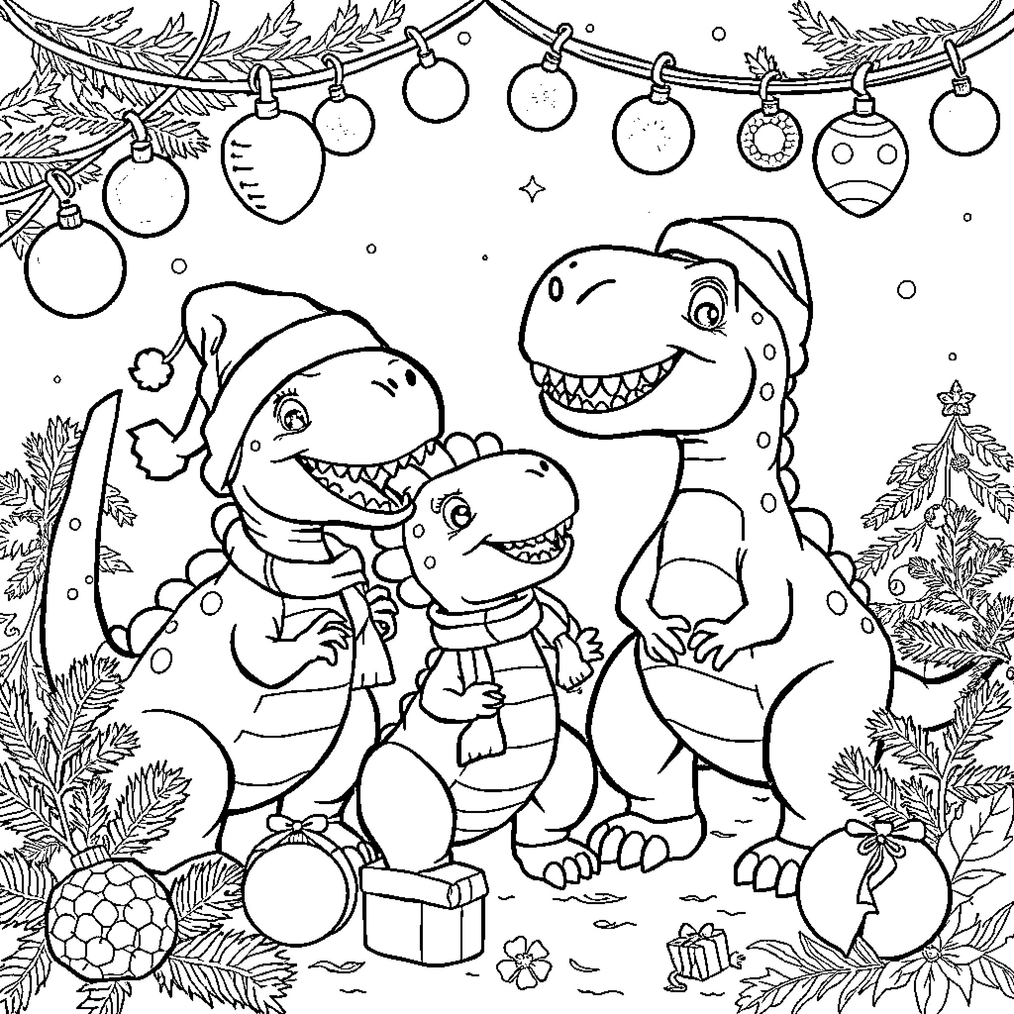 Dinosaur family celebrating the holidays together Coloring Page (free black-and-white line drawing printable PDF for all, from beginners to advanced learners, including children, teens, adults, and seniors)