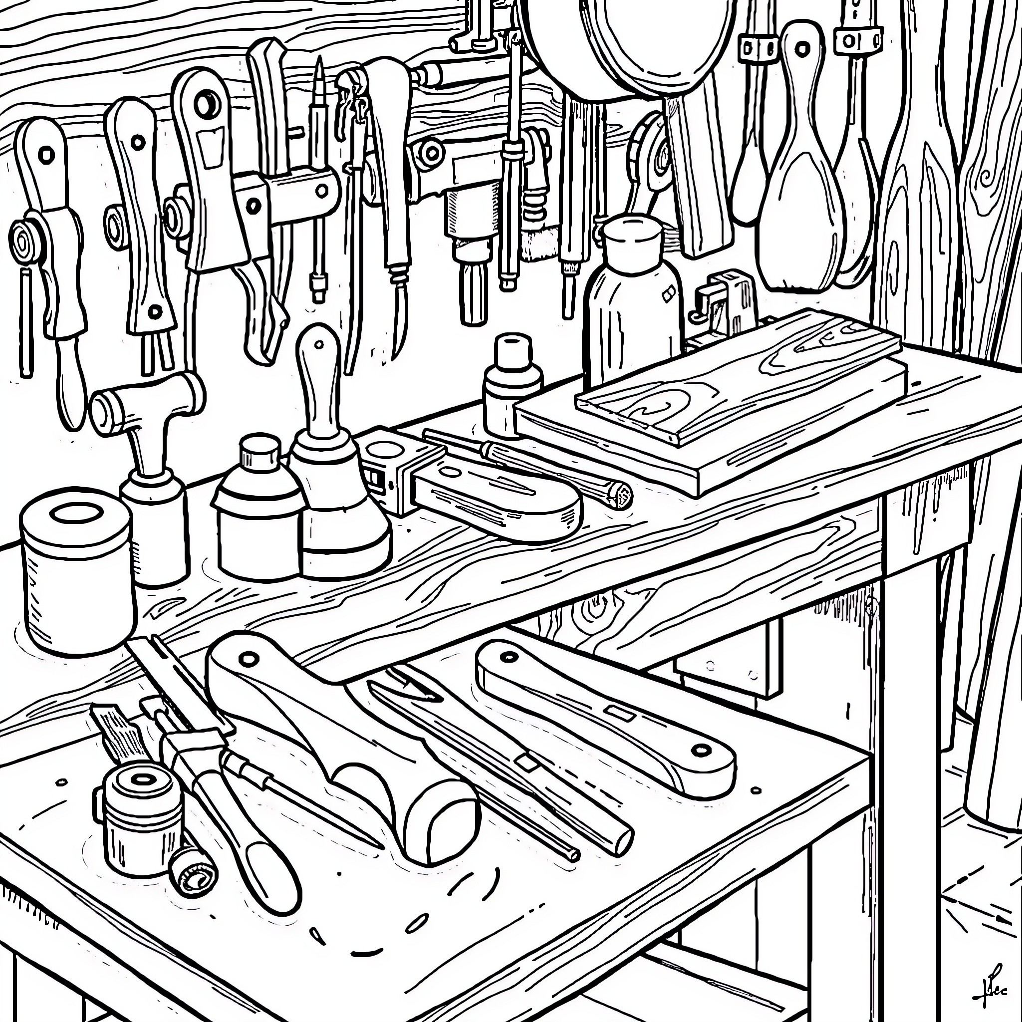 Tool Assortment in a Workshop Coloring Page (free black-and-white line drawing printable PDF for all, from beginners to advanced learners, including children, teens, adults, and seniors)