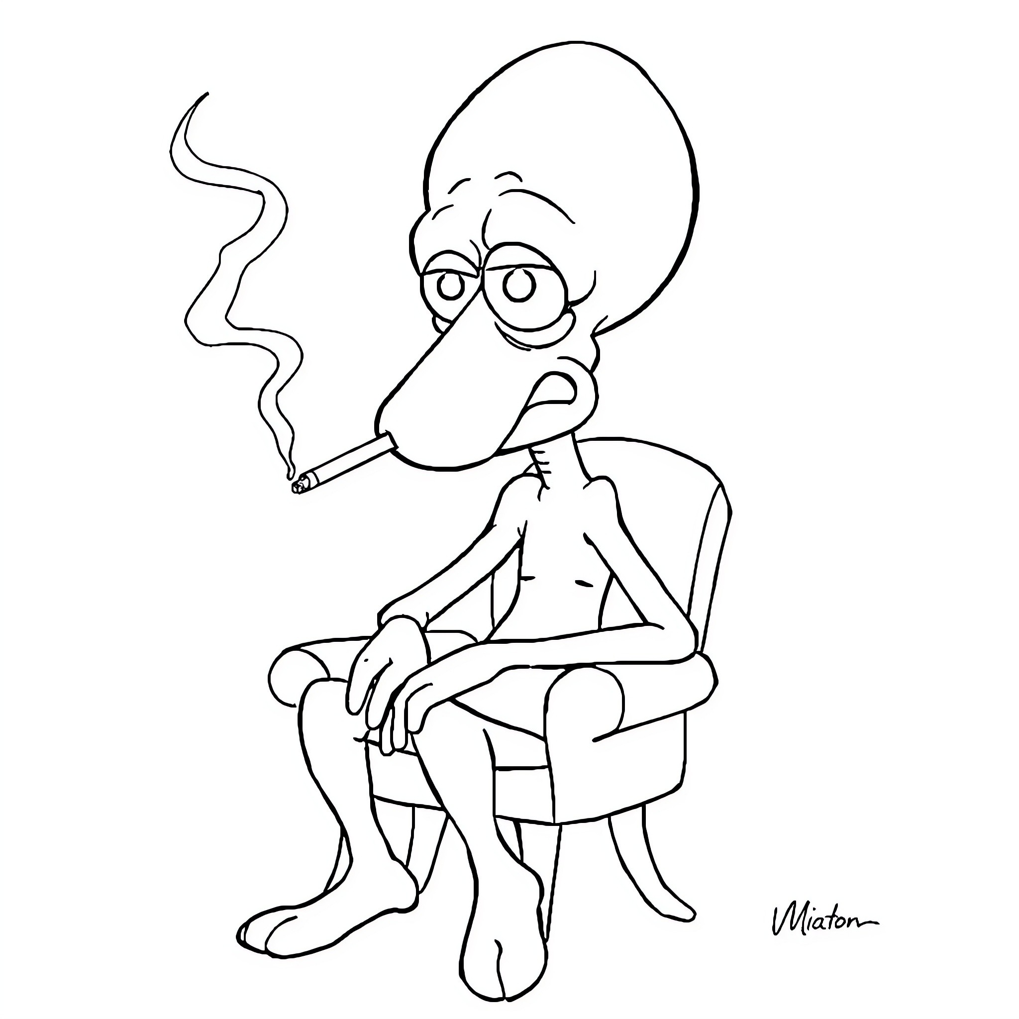 Squidward smoking cigarette in contemplation Coloring Page (free black-and-white line drawing printable PDF for all, from beginners to advanced learners, including children, teens, adults, and seniors)