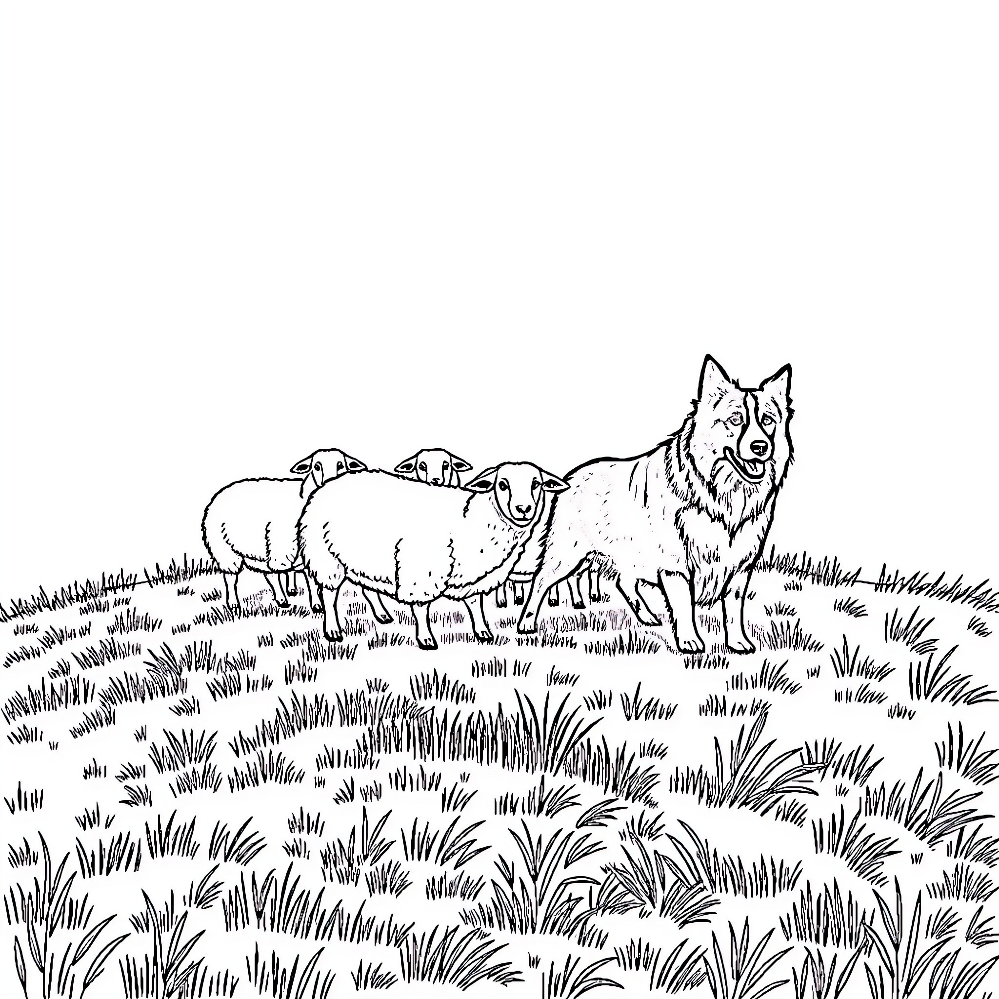 Border Collie guarding sheep in a grassy field Coloring Page (free black-and-white line drawing printable PDF for all, from beginners to advanced learners, including children, teens, adults, and seniors)