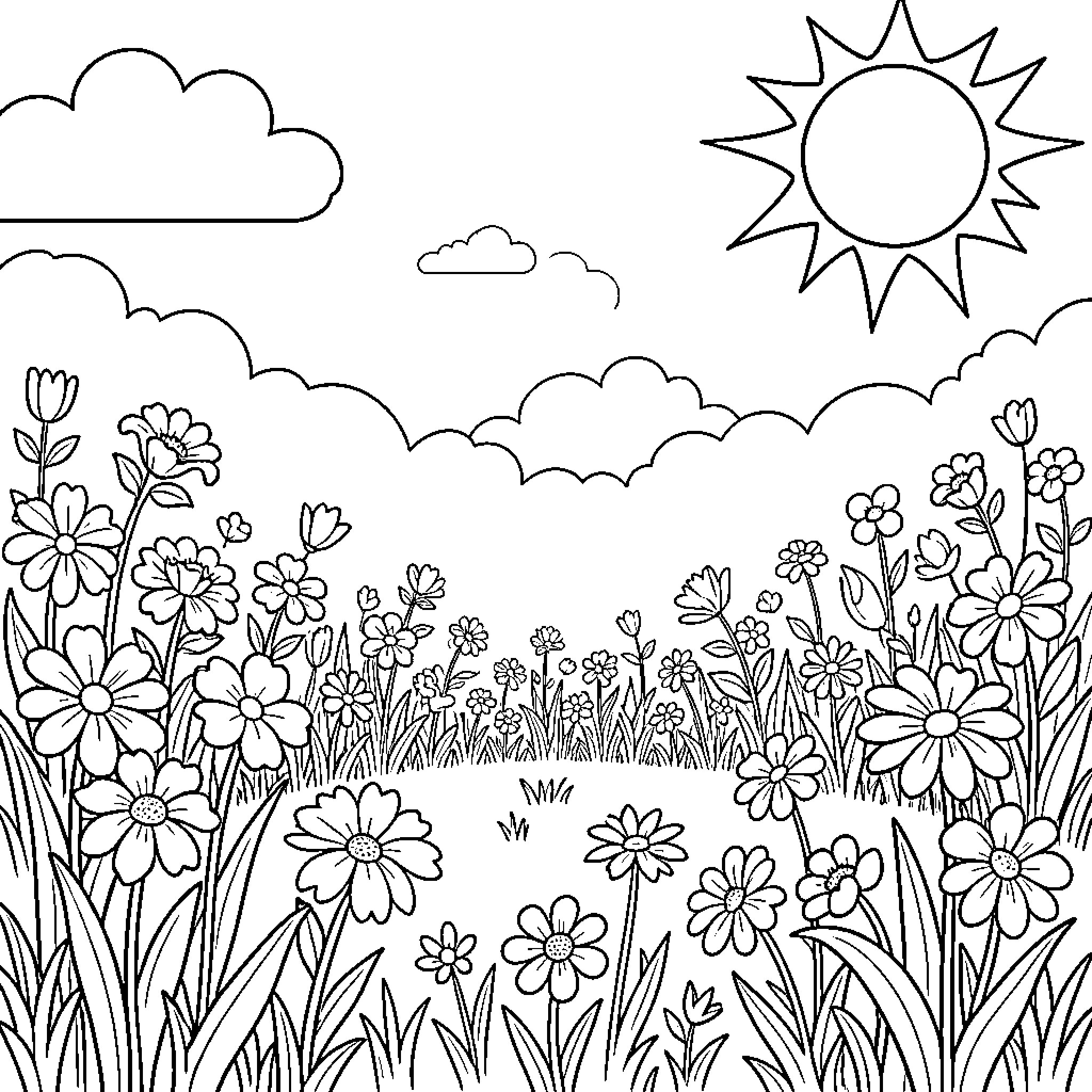 Spring garden with blooming flowers and sunny sky Coloring Page (free black-and-white line drawing printable PDF for all, from beginners to advanced learners, including children, teens, adults, and seniors)