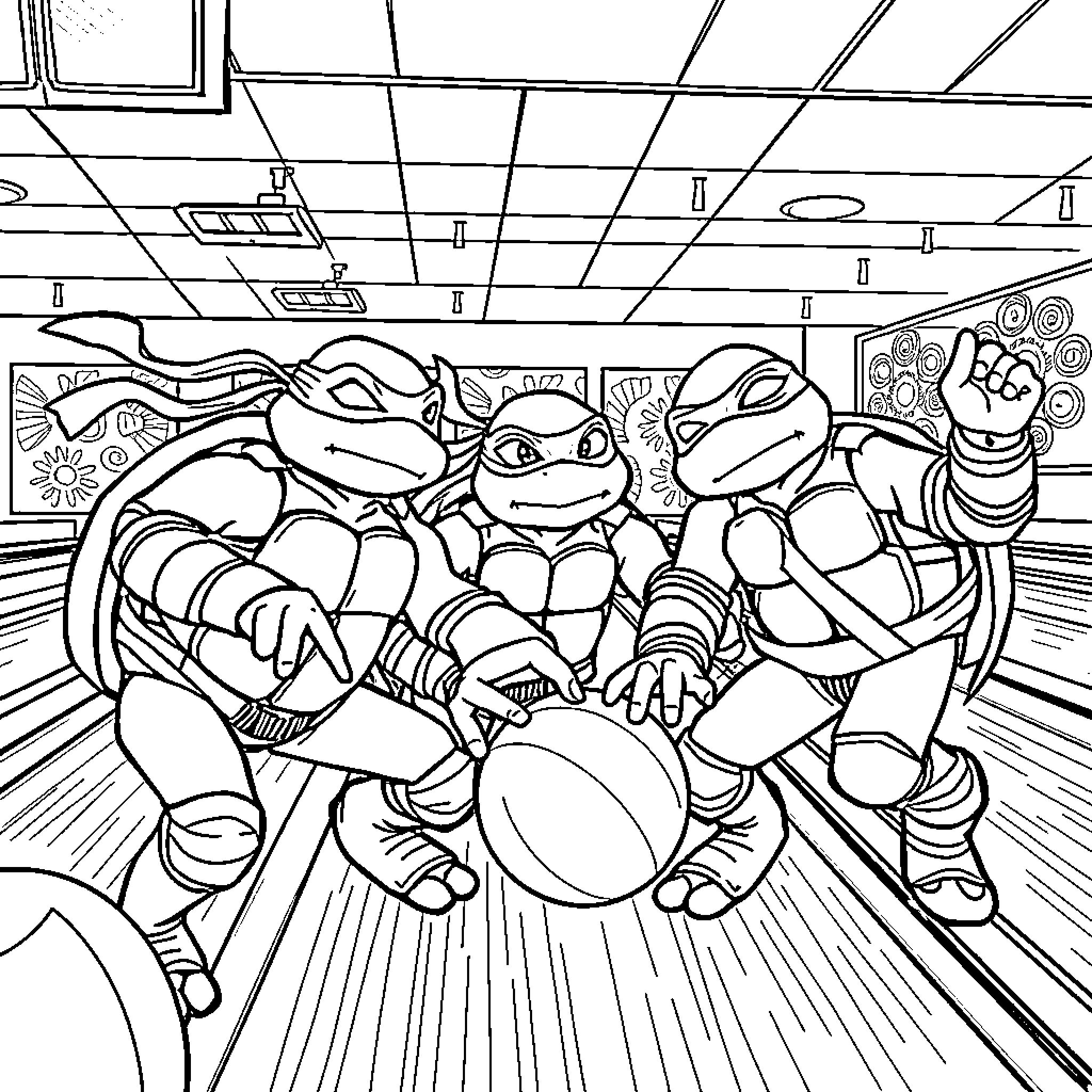 Ninja Turtles in action-packed adventure Coloring Page (free black-and-white line drawing printable PDF for all, from beginners to advanced learners, including children, teens, adults, and seniors)