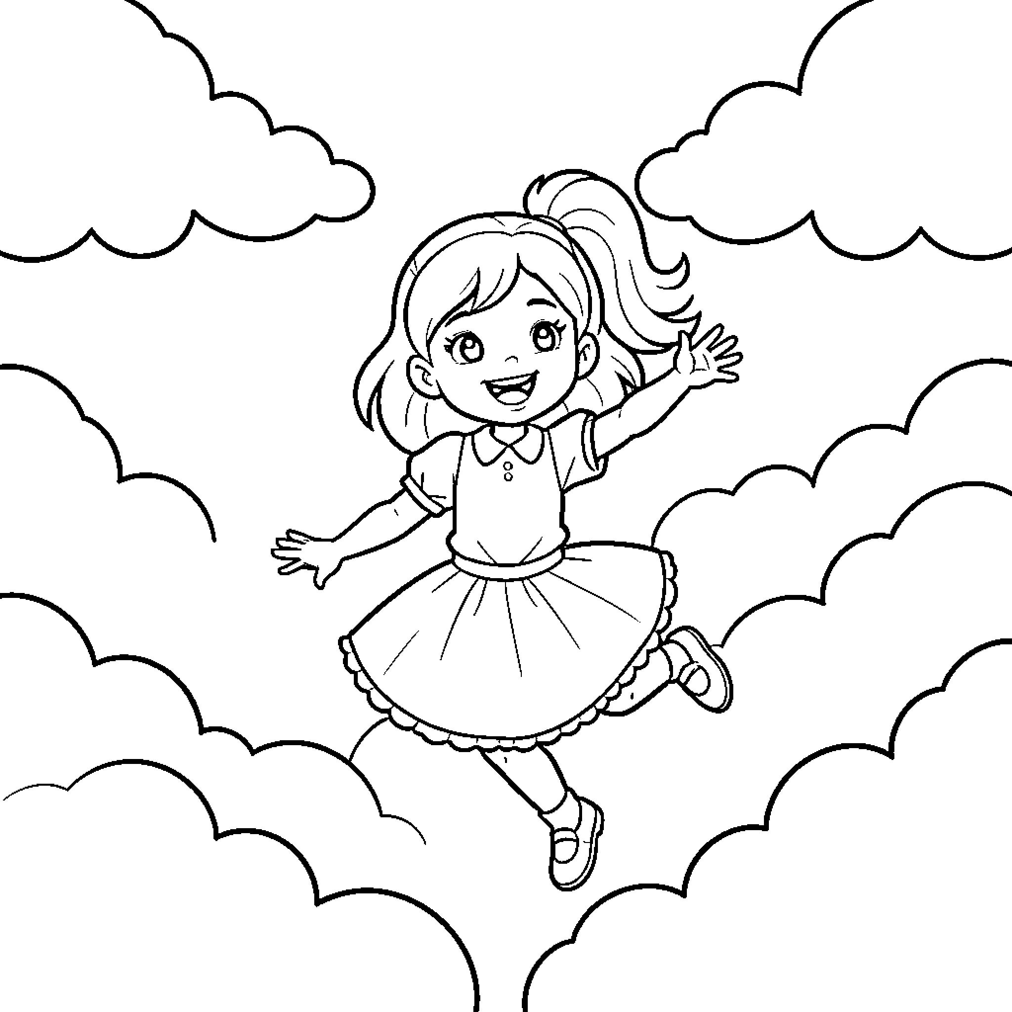 Heidi jumping joyfully among fluffy clouds Coloring Page (free black-and-white line drawing printable PDF for all, from beginners to advanced learners, including children, teens, adults, and seniors)