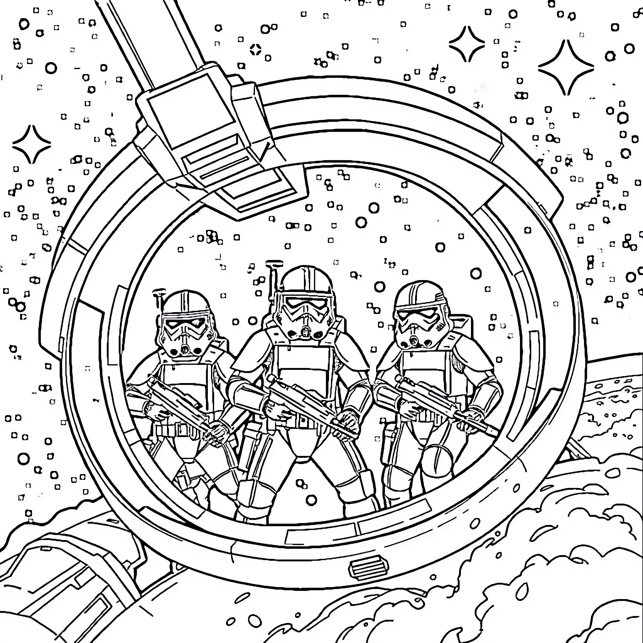 Guardians of the Galaxy: Stormtroopers in Space Coloring Page (free black-and-white line drawing printable PDF for all, from beginners to advanced learners, including children, teens, adults, and seniors)