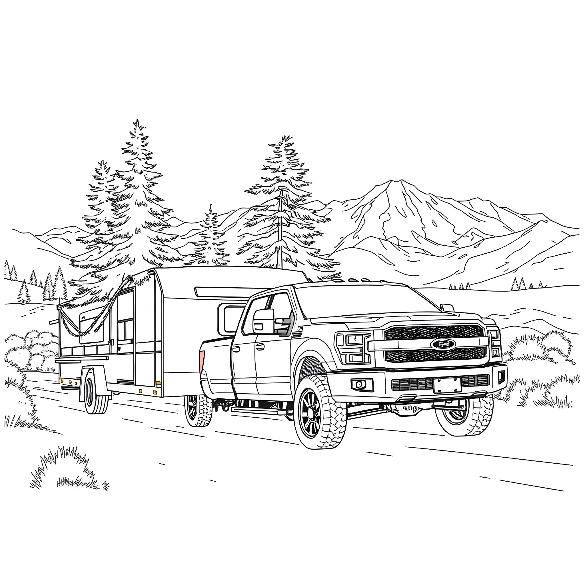 Pickup truck towing RV through scenic mountain landscape Coloring Page (free black-and-white line drawing printable PDF for all, from beginners to advanced learners, including children, teens, adults, and seniors)