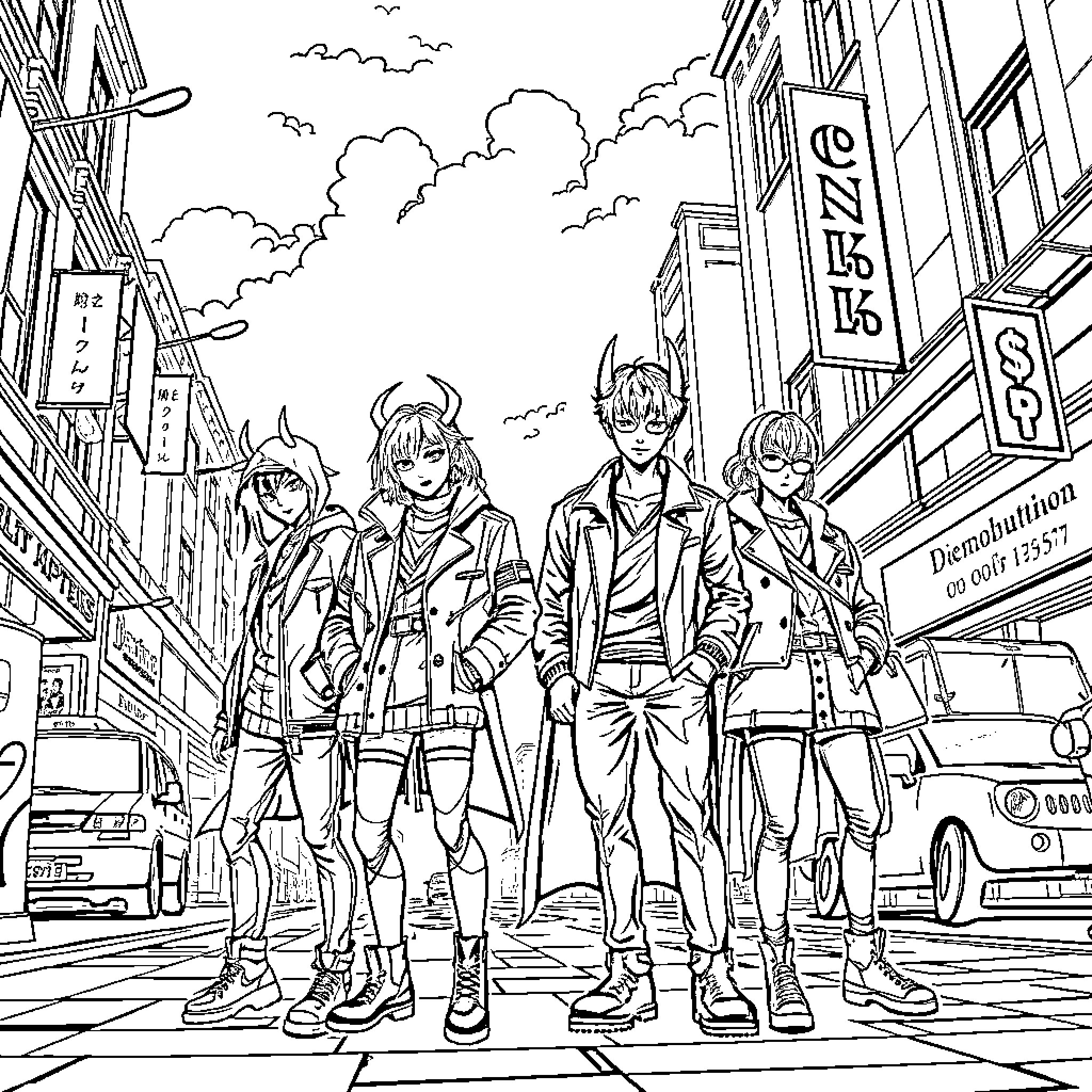 Demon Hunter Group Exploring the City Streets Coloring Page (free black-and-white line drawing printable PDF for all, from beginners to advanced learners, including children, teens, adults, and seniors)