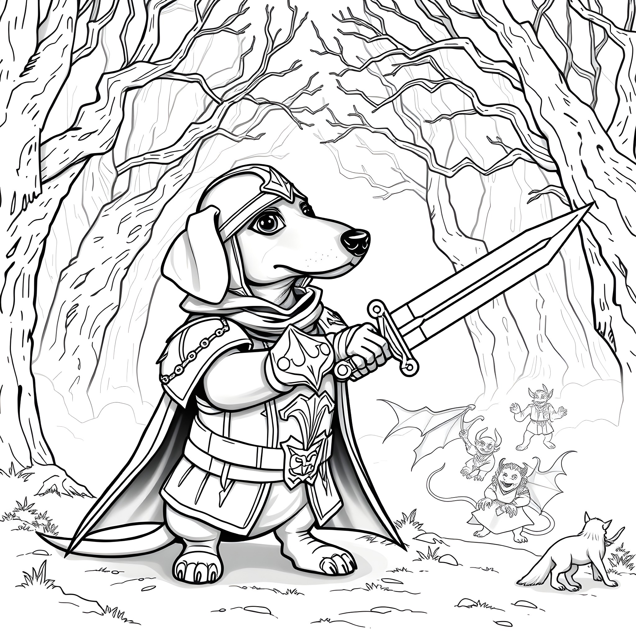 Dachshund knight in a mystical forest Coloring Page (free black-and-white line drawing printable PDF for all, from beginners to advanced learners, including children, teens, adults, and seniors)