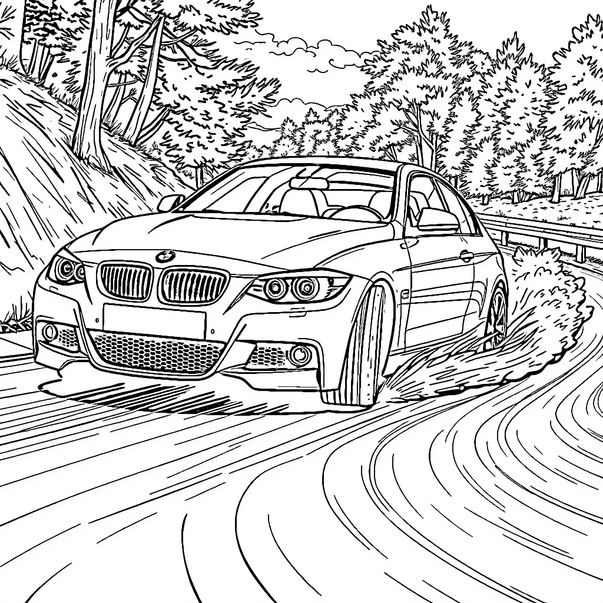BMW Speeding Through Winding Forest Road Coloring Page (free black-and-white line drawing printable PDF for all, from beginners to advanced learners, including children, teens, adults, and seniors)