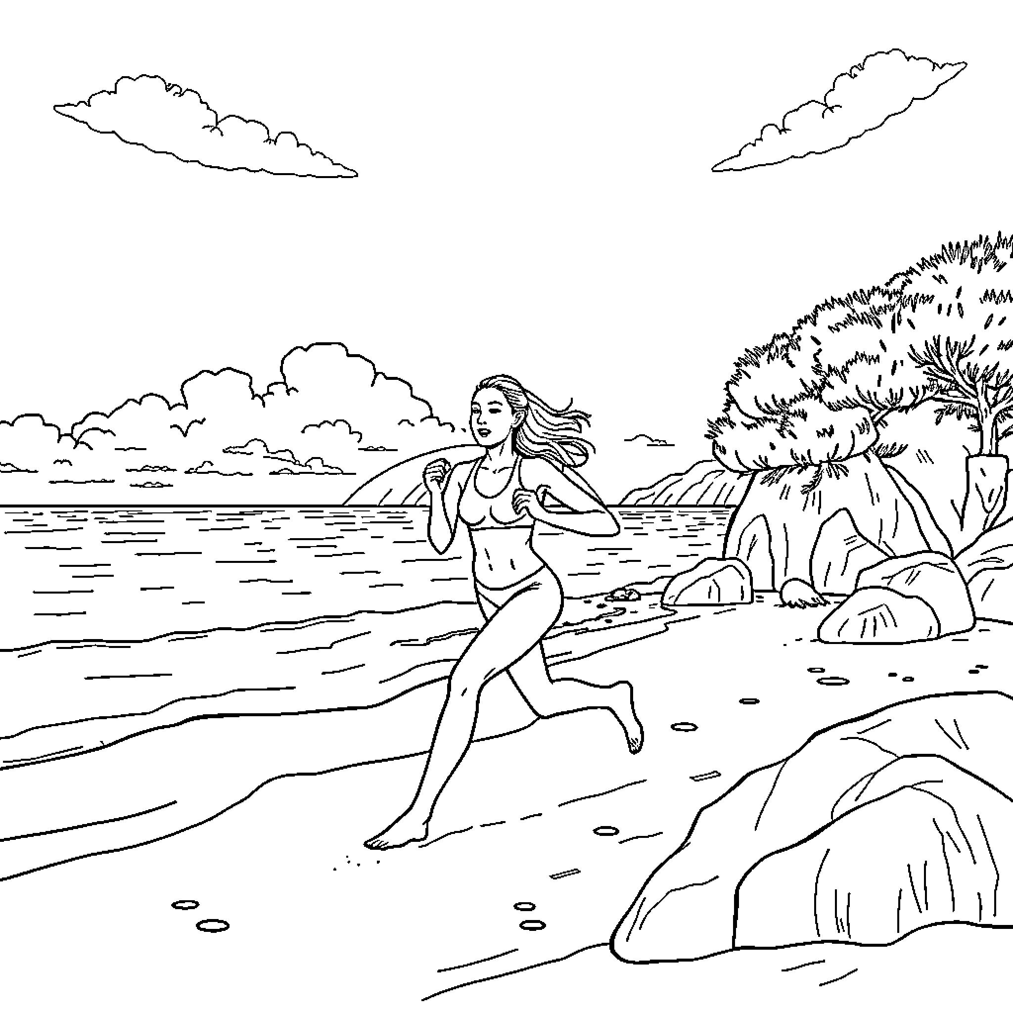 Simone Biles running on the beach Coloring Page (free black-and-white line drawing printable PDF for all, from beginners to advanced learners, including children, teens, adults, and seniors)