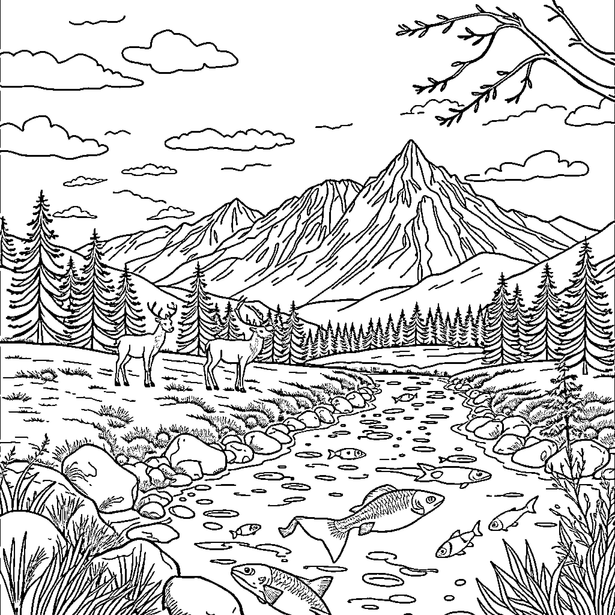 Reindeer roaming in a winter wonderland landscape Coloring Page (free black-and-white line drawing printable PDF for all, from beginners to advanced learners, including children, teens, adults, and seniors)
