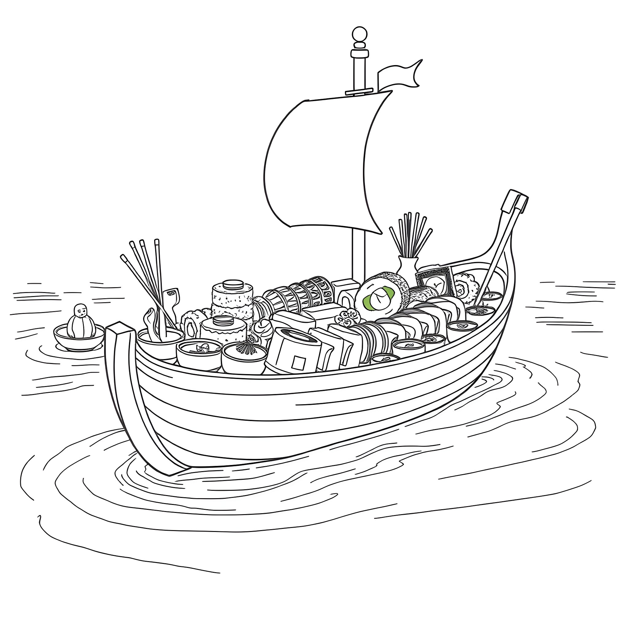 Sushi sailing on a boat of delicacies Coloring Page (free black-and-white line drawing printable PDF for all, from beginners to advanced learners, including children, teens, adults, and seniors)