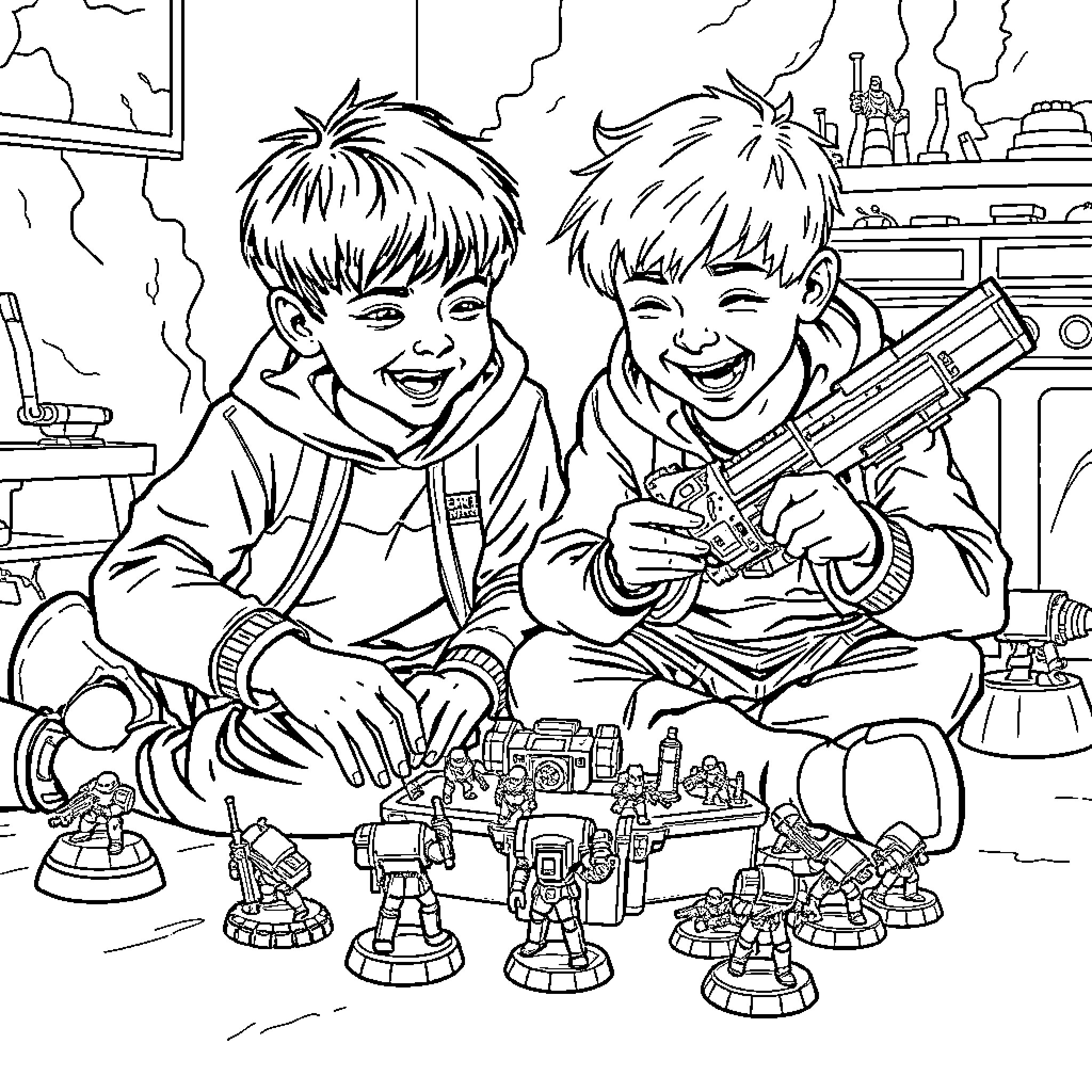 Boys playing happily with toy figures Coloring Page (free black-and-white line drawing printable PDF for all, from beginners to advanced learners, including children, teens, adults, and seniors)