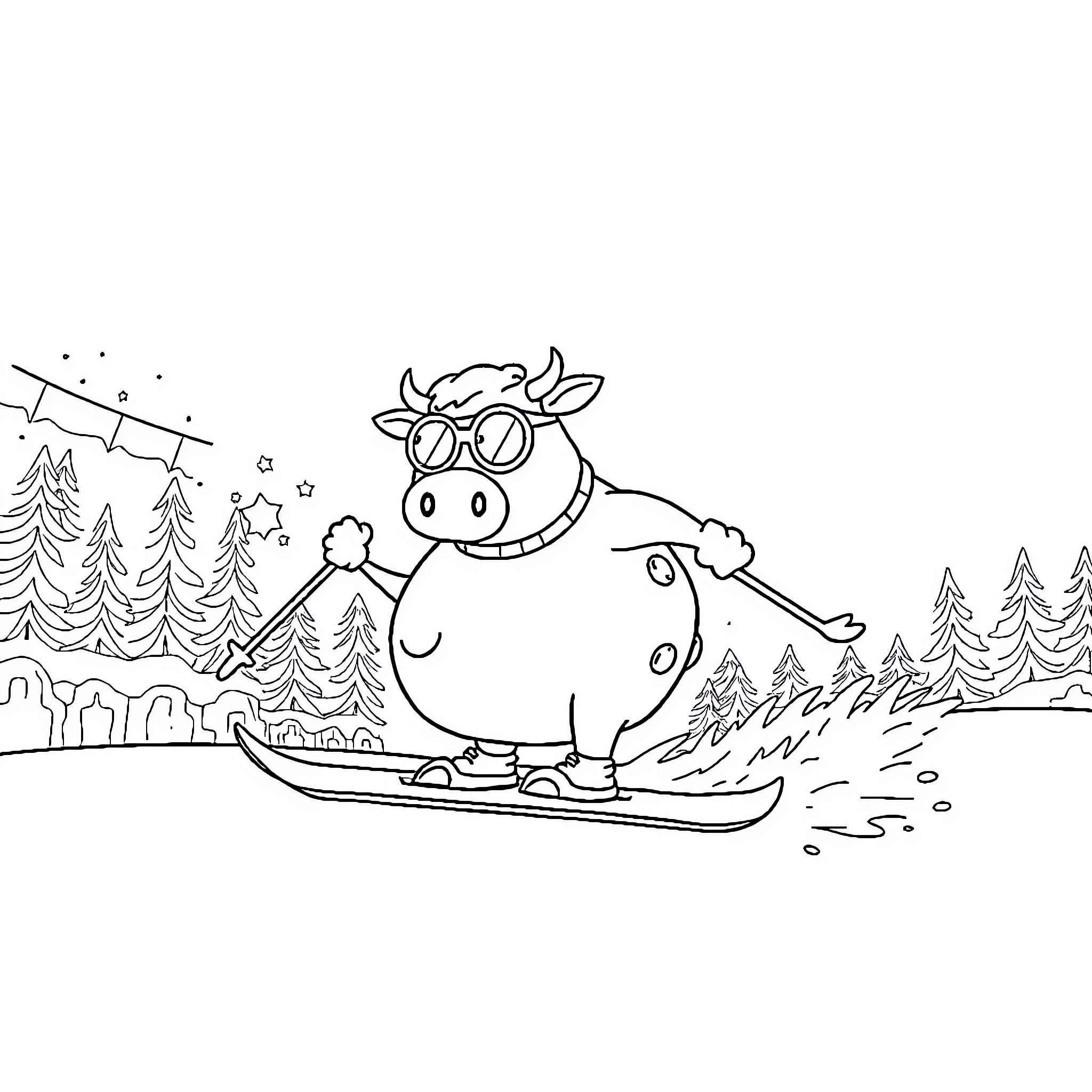 Cow skiing through snowy landscape Coloring Page (free black-and-white line drawing printable PDF for all, from beginners to advanced learners, including children, teens, adults, and seniors)