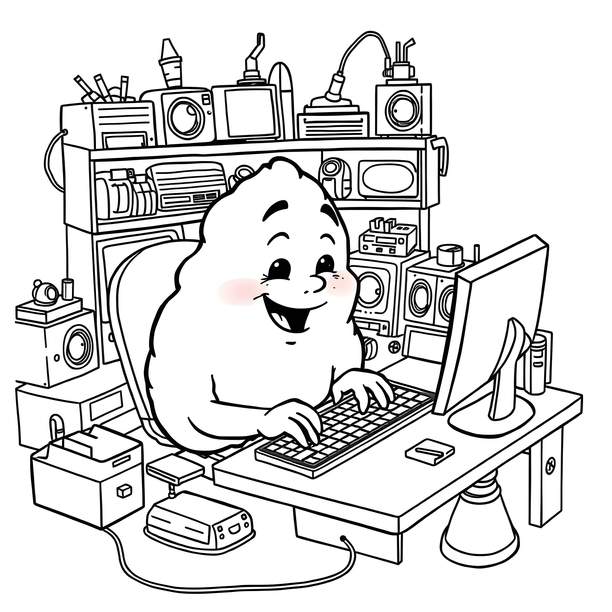 Poo Happily Using High-Tech Gadgets Coloring Page (free black-and-white line drawing printable PDF for all, from beginners to advanced learners, including children, teens, adults, and seniors)