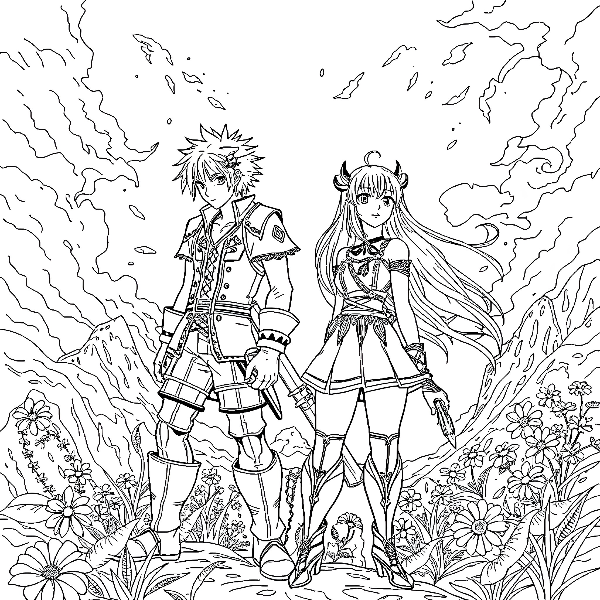 Final Fantasy X: Valiant Heroes in a Fantastical Realm Coloring Page (free black-and-white line drawing printable PDF for all, from beginners to advanced learners, including children, teens, adults, and seniors)