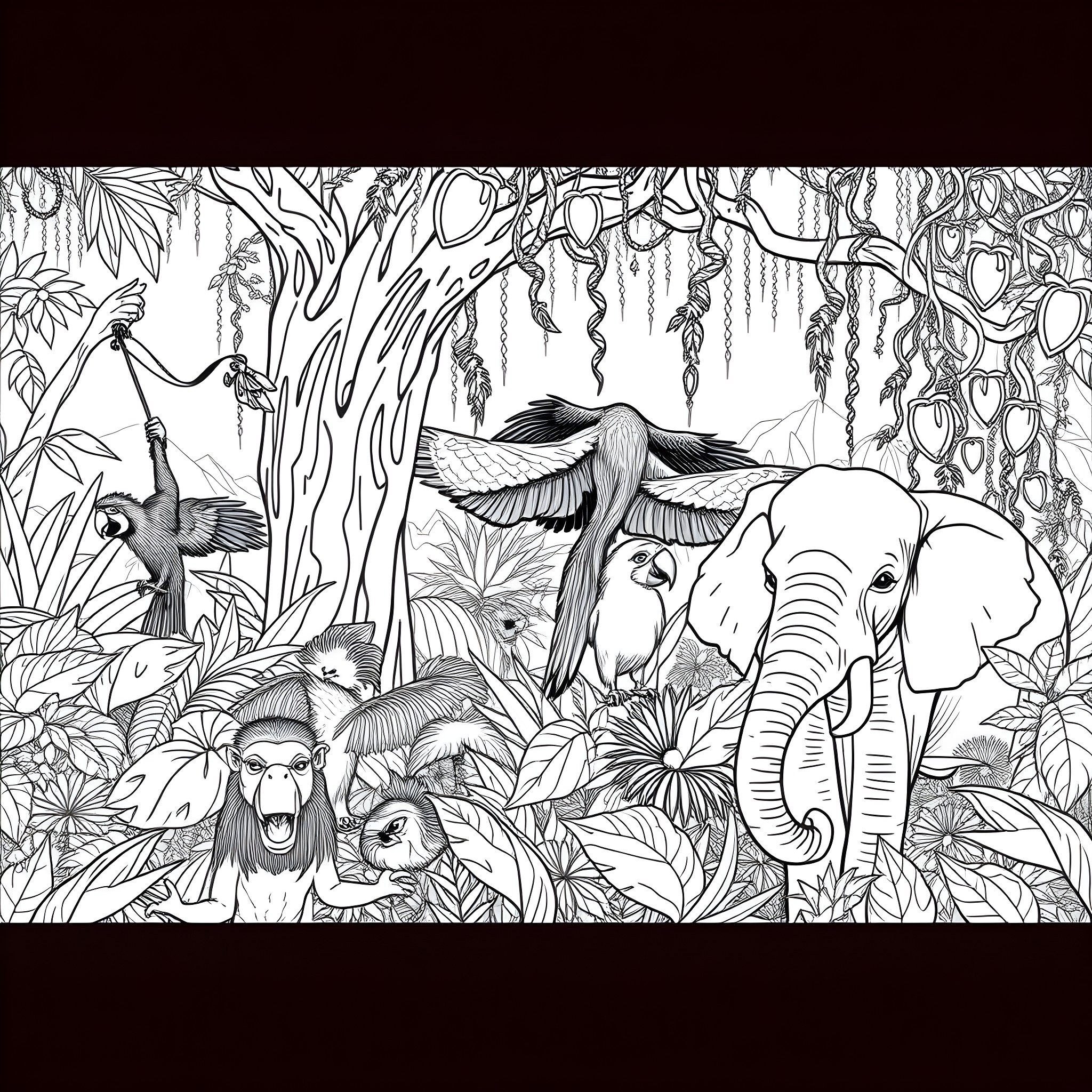 Animal life in the lush jungle Coloring Page (free black-and-white line drawing printable PDF for all, from beginners to advanced learners, including children, teens, adults, and seniors)
