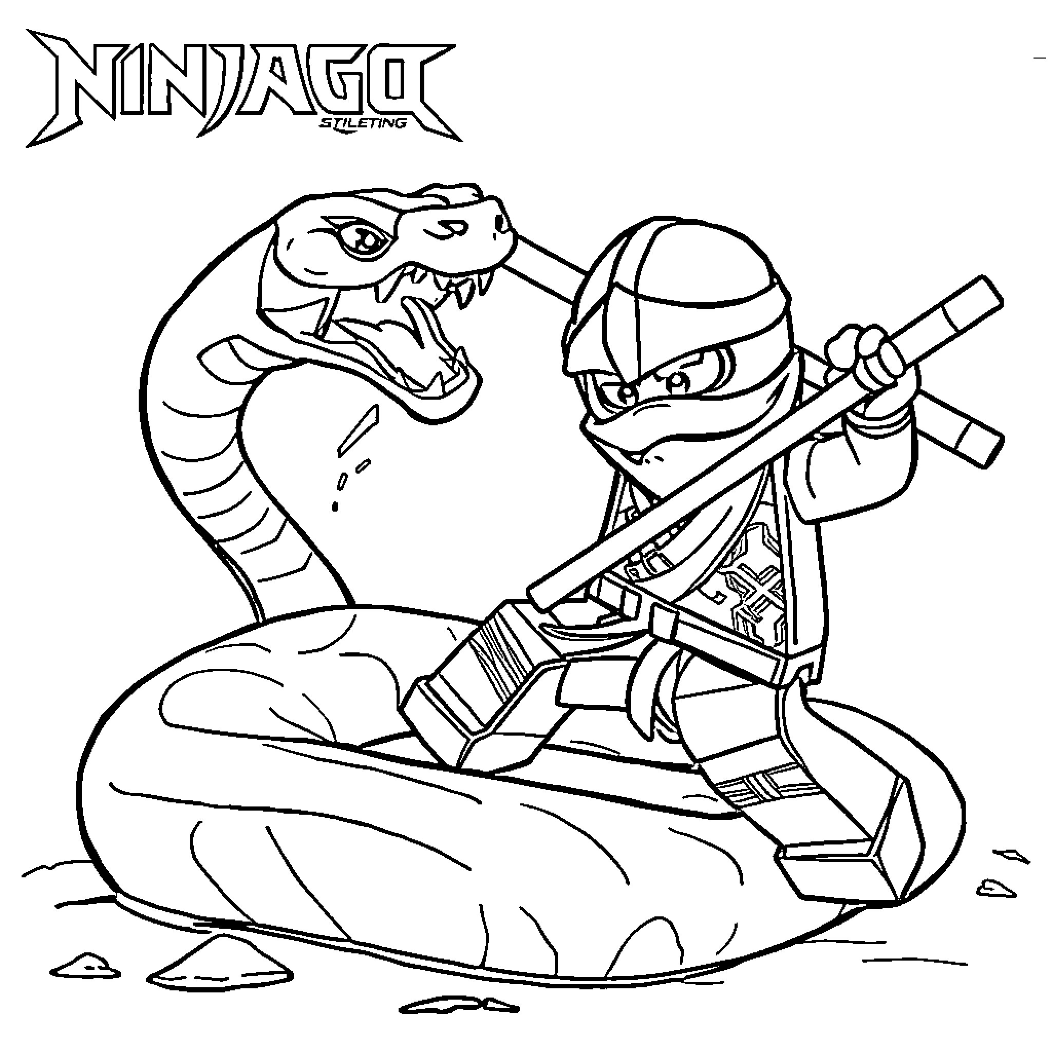 Ninjago ninja confronting a serpent Coloring Page (free black-and-white line drawing printable PDF for all, from beginners to advanced learners, including children, teens, adults, and seniors)