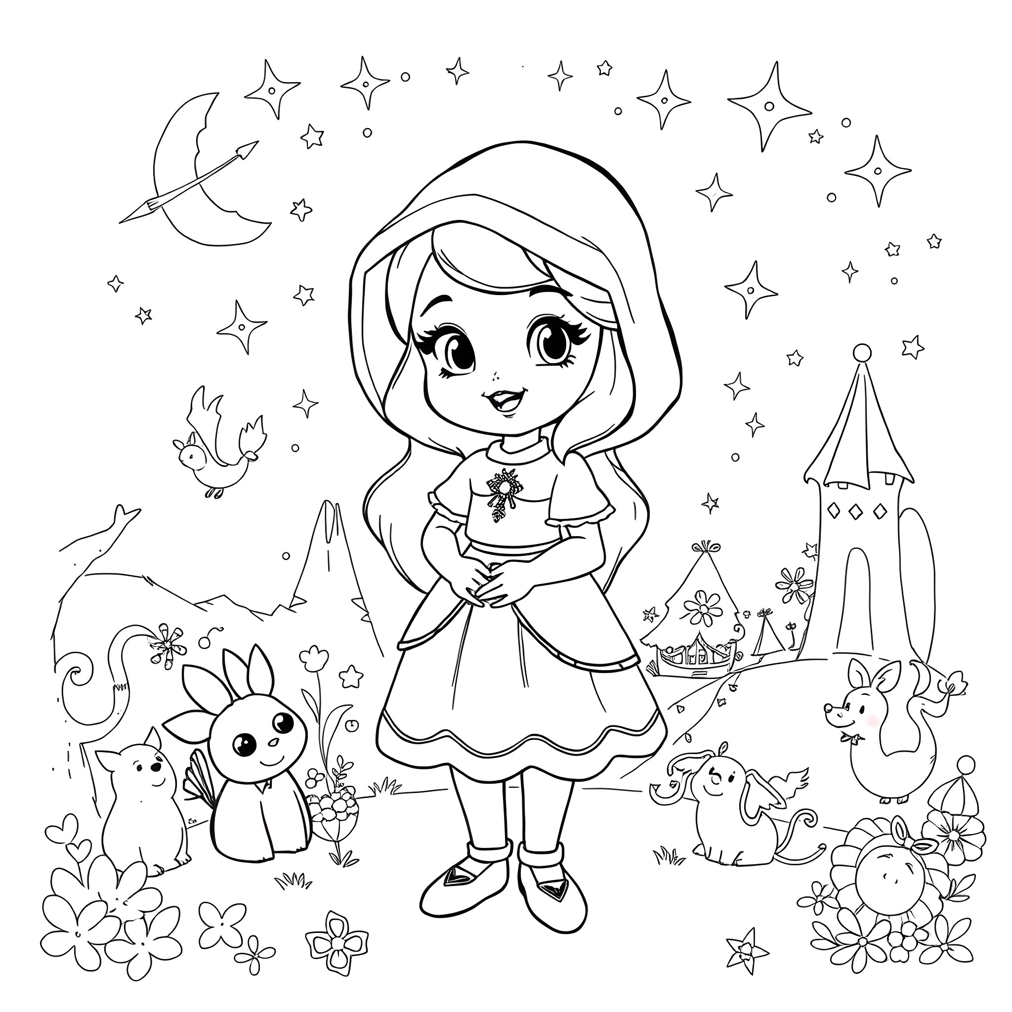 Disney Wimple - Girl in a Magical Forest Coloring Page (free black-and-white line drawing printable PDF for all, from beginners to advanced learners, including children, teens, adults, and seniors)