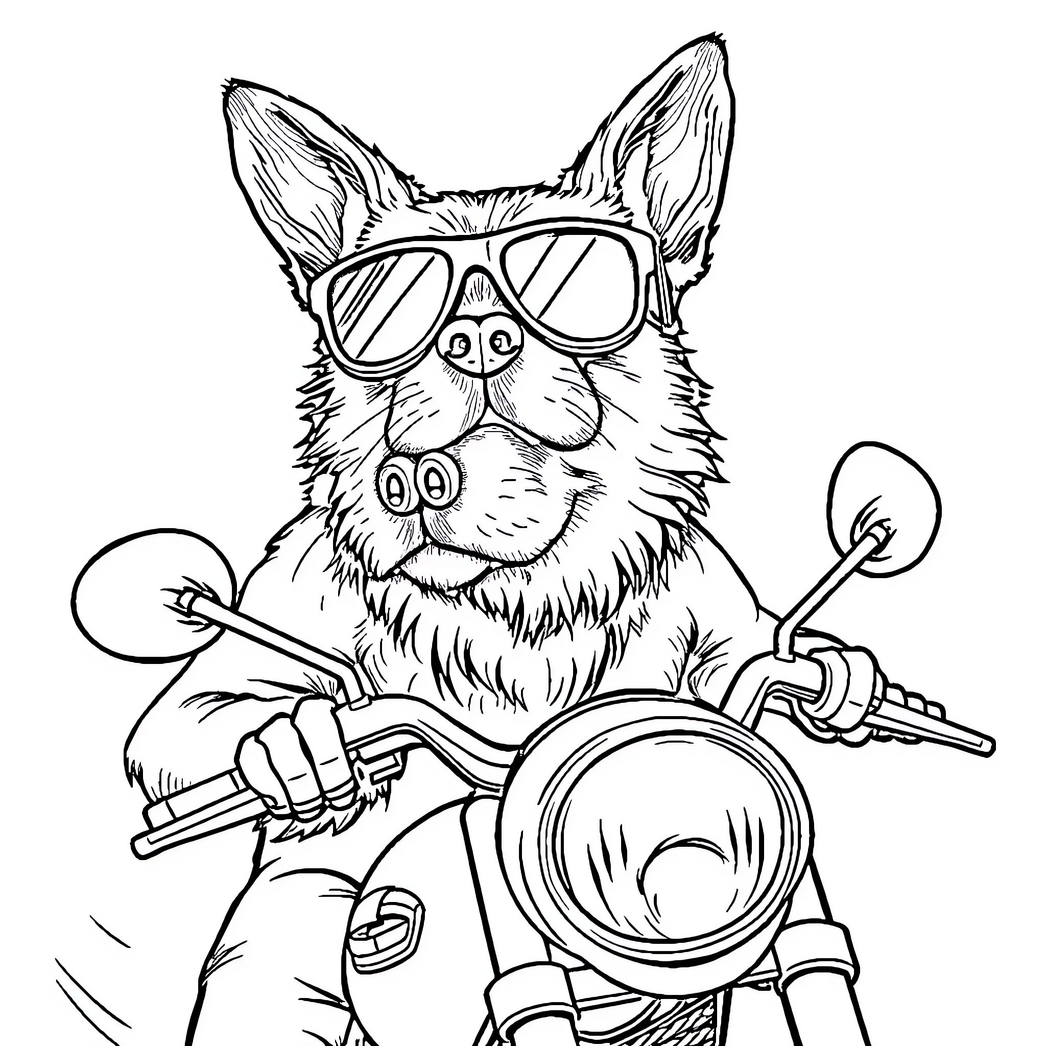 Dog riding a scooter wearing sunglasses Coloring Page (free black-and-white line drawing printable PDF for all, from beginners to advanced learners, including children, teens, adults, and seniors)