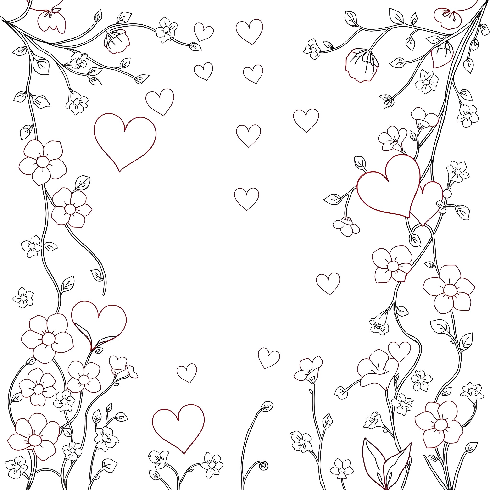 Heart-shaped flowers and vines with butterflies Coloring Page (free black-and-white line drawing printable PDF for all, from beginners to advanced learners, including children, teens, adults, and seniors)