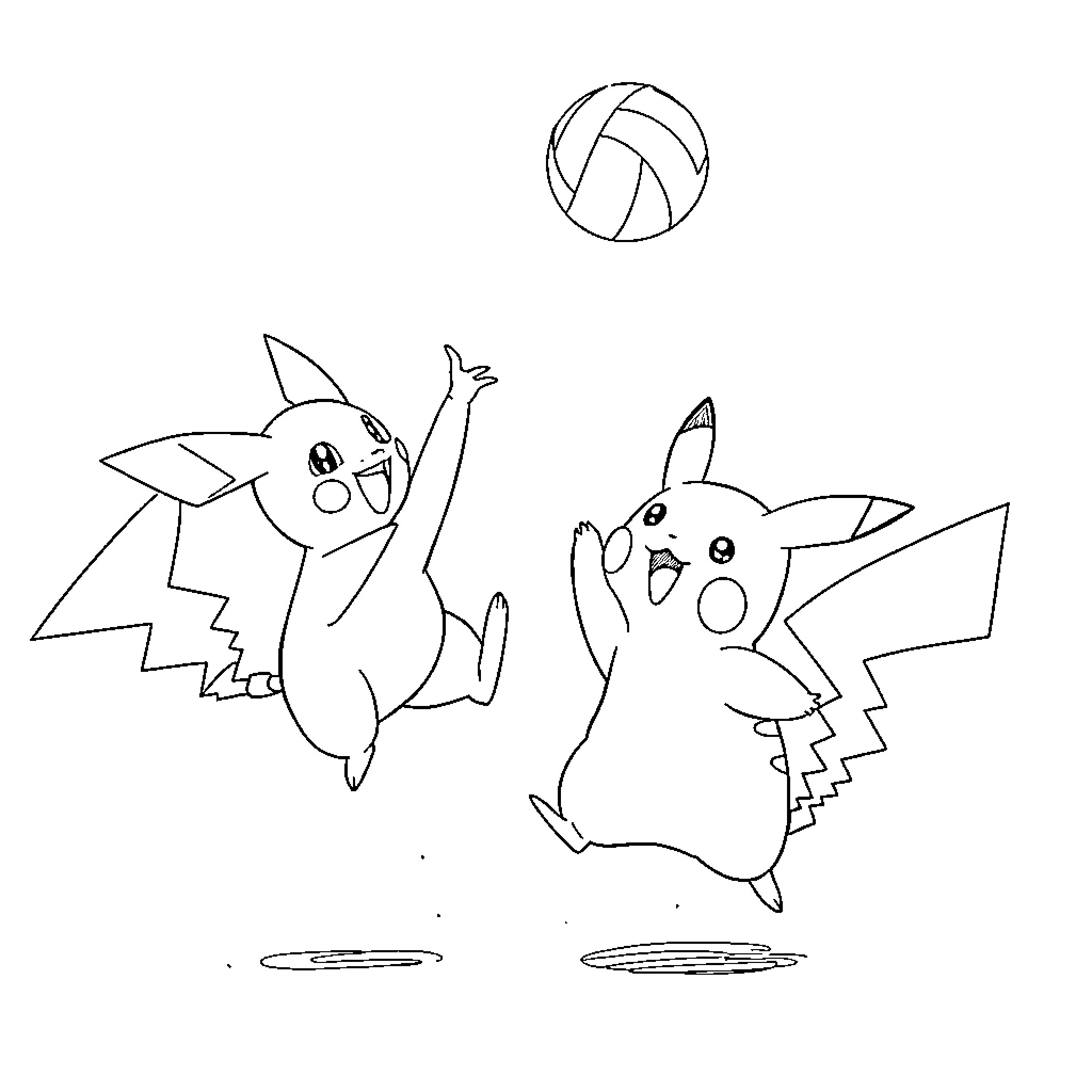 Raichu playing with Pikachu and a volleyball Coloring Page (free black-and-white line drawing printable PDF for all, from beginners to advanced learners, including children, teens, adults, and seniors)