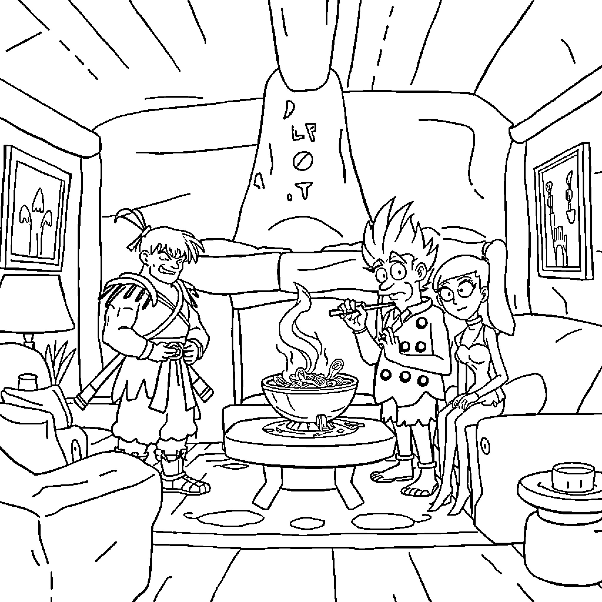 Samurai Gathering for a Feast Coloring Page (free black-and-white line drawing printable PDF for all, from beginners to advanced learners, including children, teens, adults, and seniors)