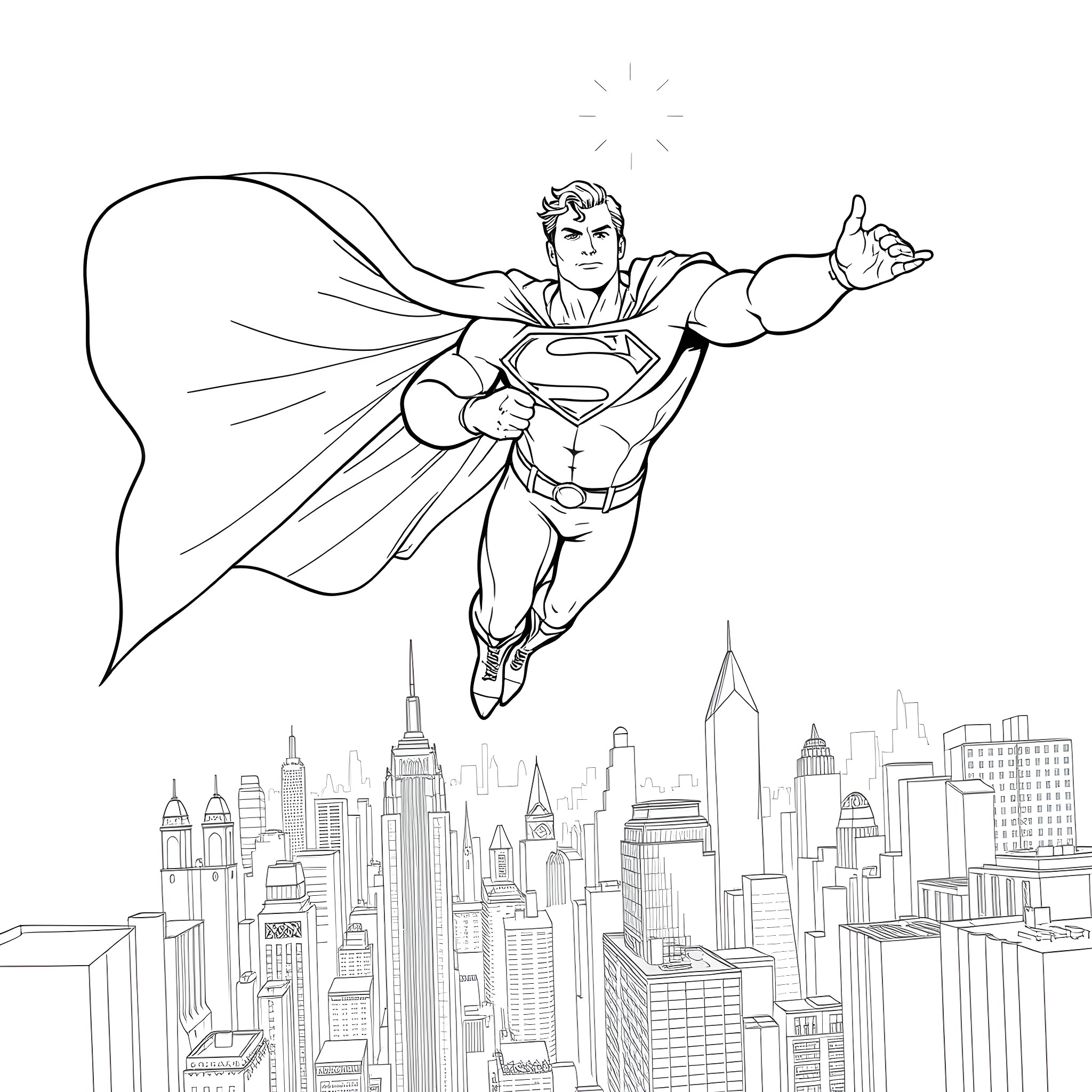 Superman soaring over the city skyline Coloring Page (free black-and-white line drawing printable PDF for all, from beginners to advanced learners, including children, teens, adults, and seniors)