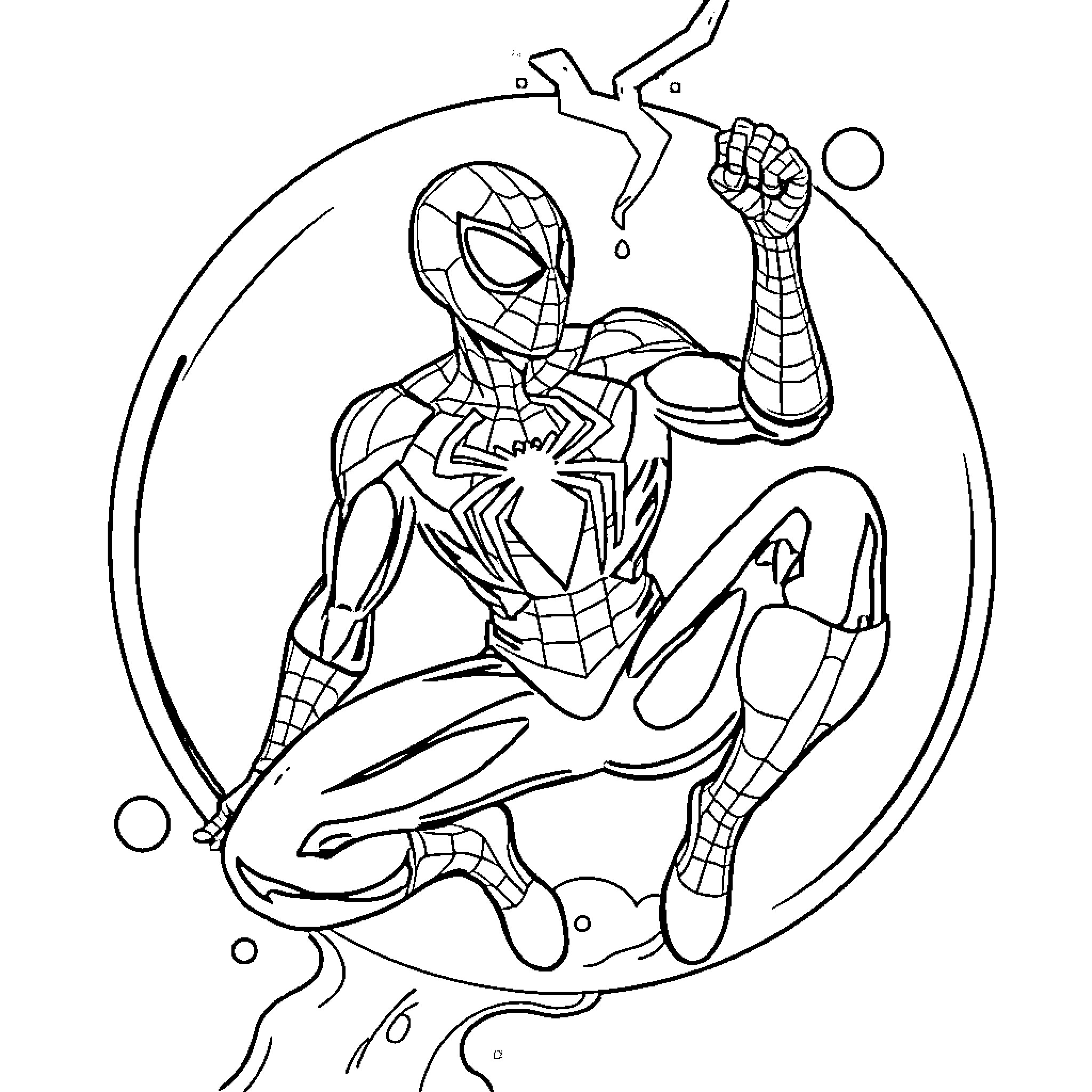 Spiderman in heroic action pose Coloring Page (free black-and-white line drawing printable PDF for all, from beginners to advanced learners, including children, teens, adults, and seniors)