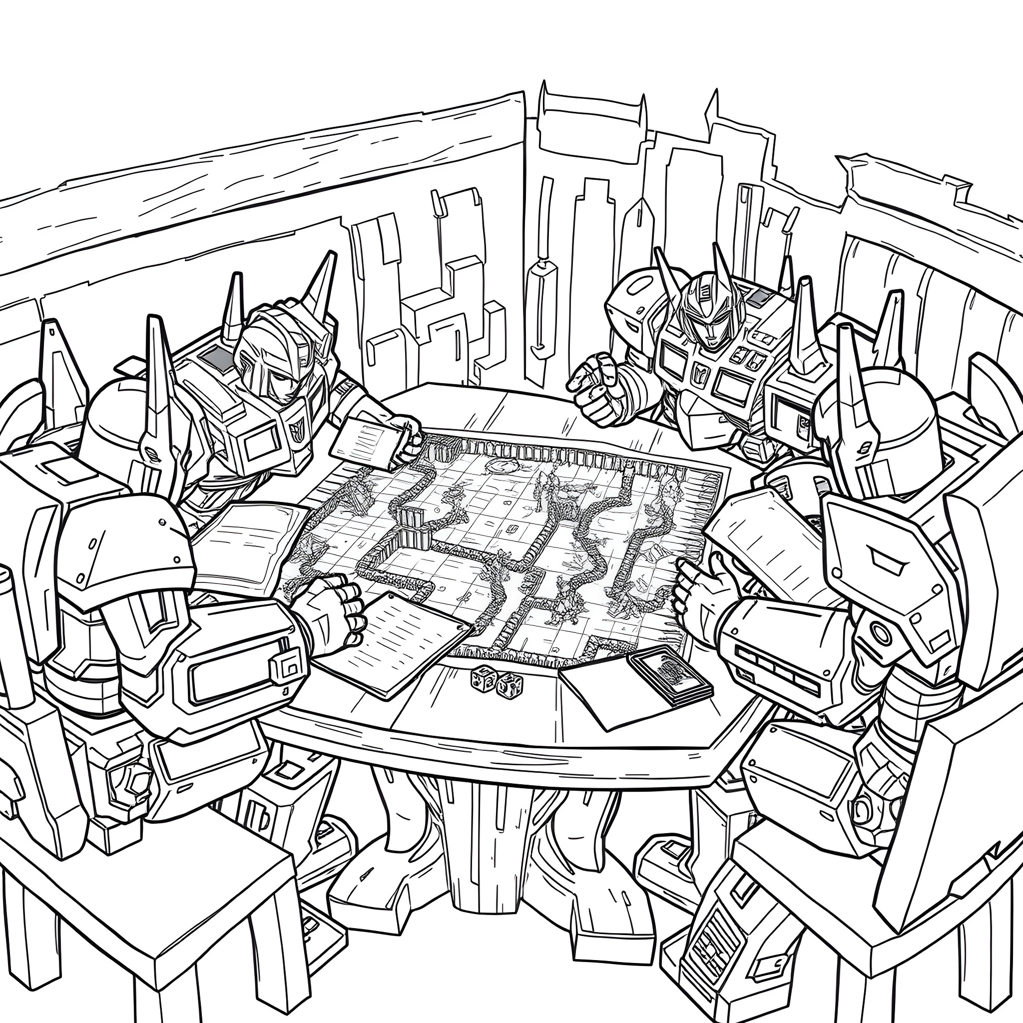 Transformer robots studying a city map Coloring Page (free black-and-white line drawing printable PDF for all, from beginners to advanced learners, including children, teens, adults, and seniors)