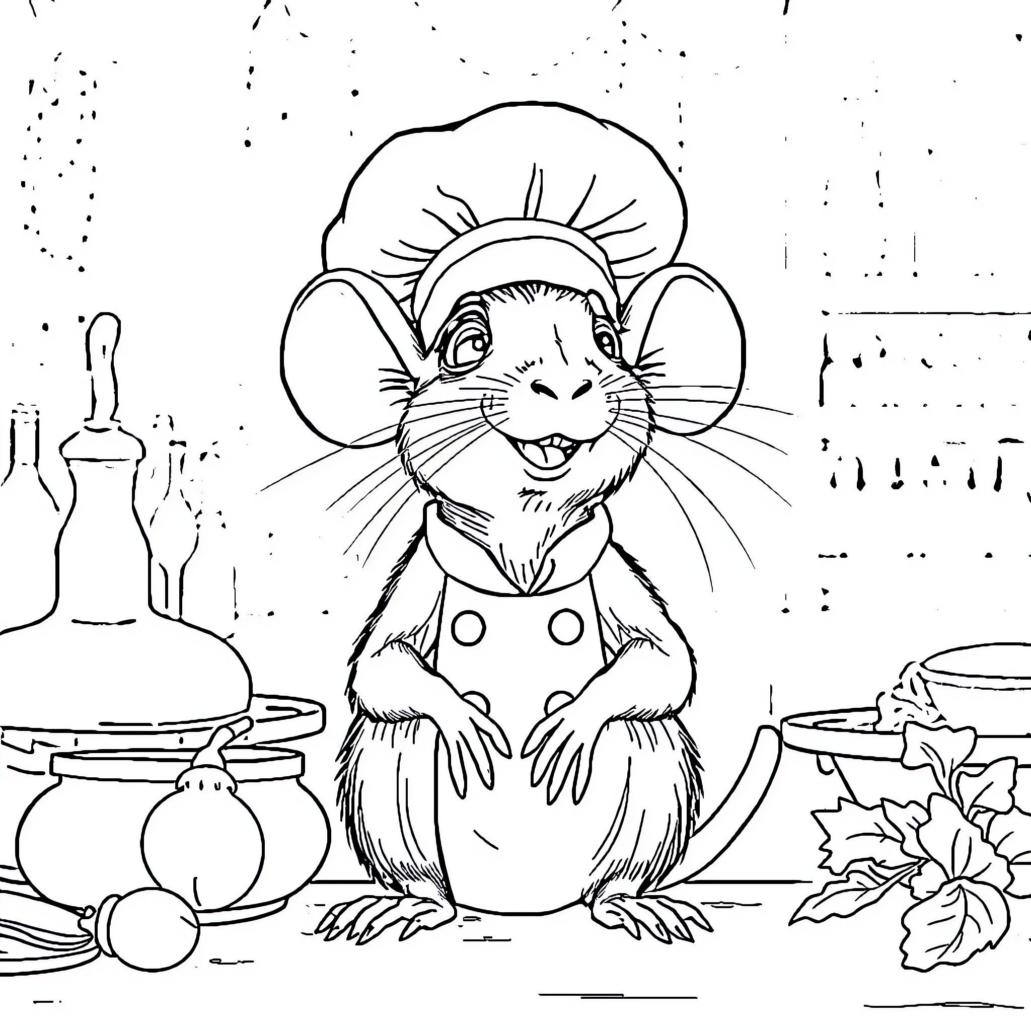 Ratatouille - Cheerful Rodent Chef in the Kitchen Coloring Page (free black-and-white line drawing printable PDF for all, from beginners to advanced learners, including children, teens, adults, and seniors)