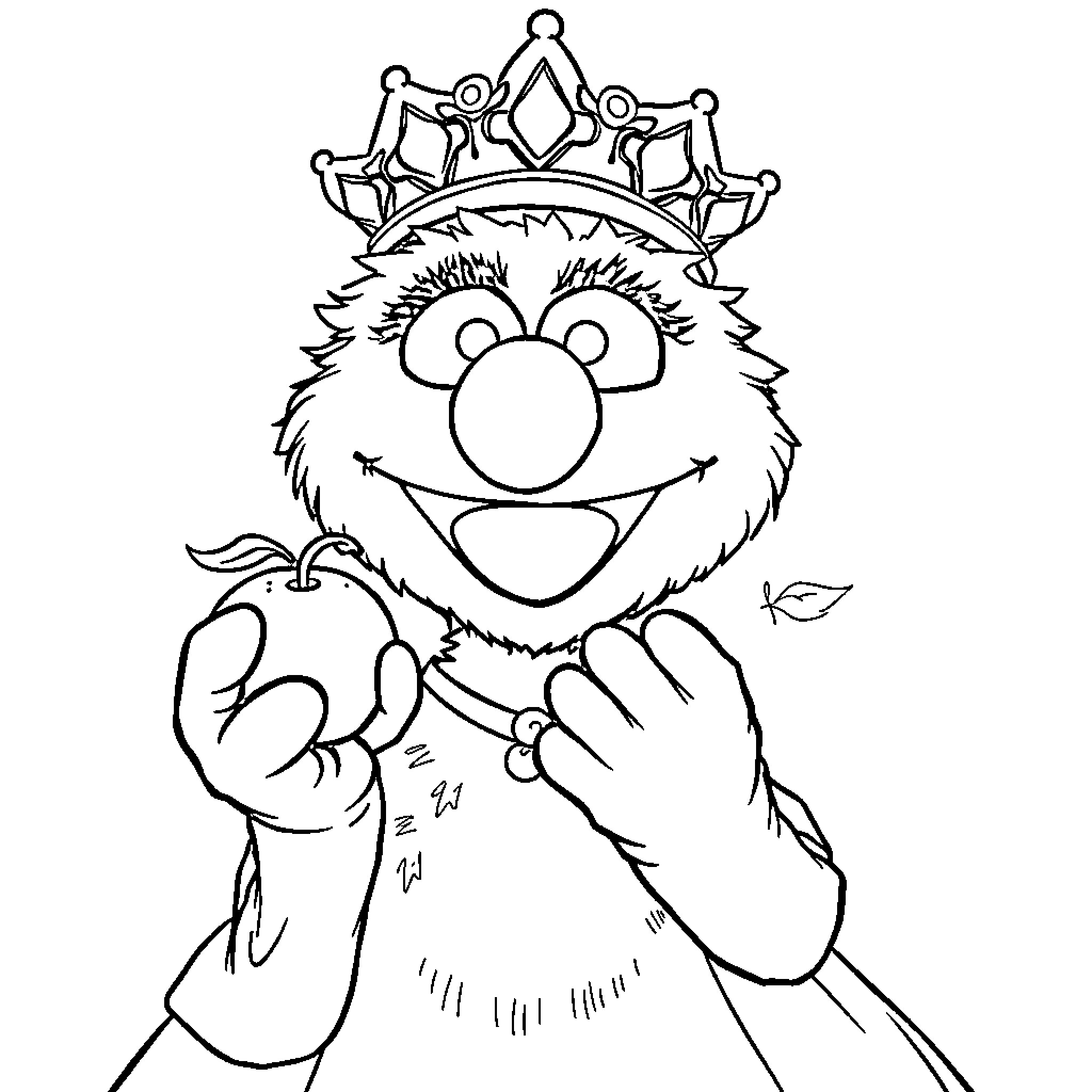Elmo wearing a crown and making a gesture Coloring Page (free black-and-white line drawing printable PDF for all, from beginners to advanced learners, including children, teens, adults, and seniors)