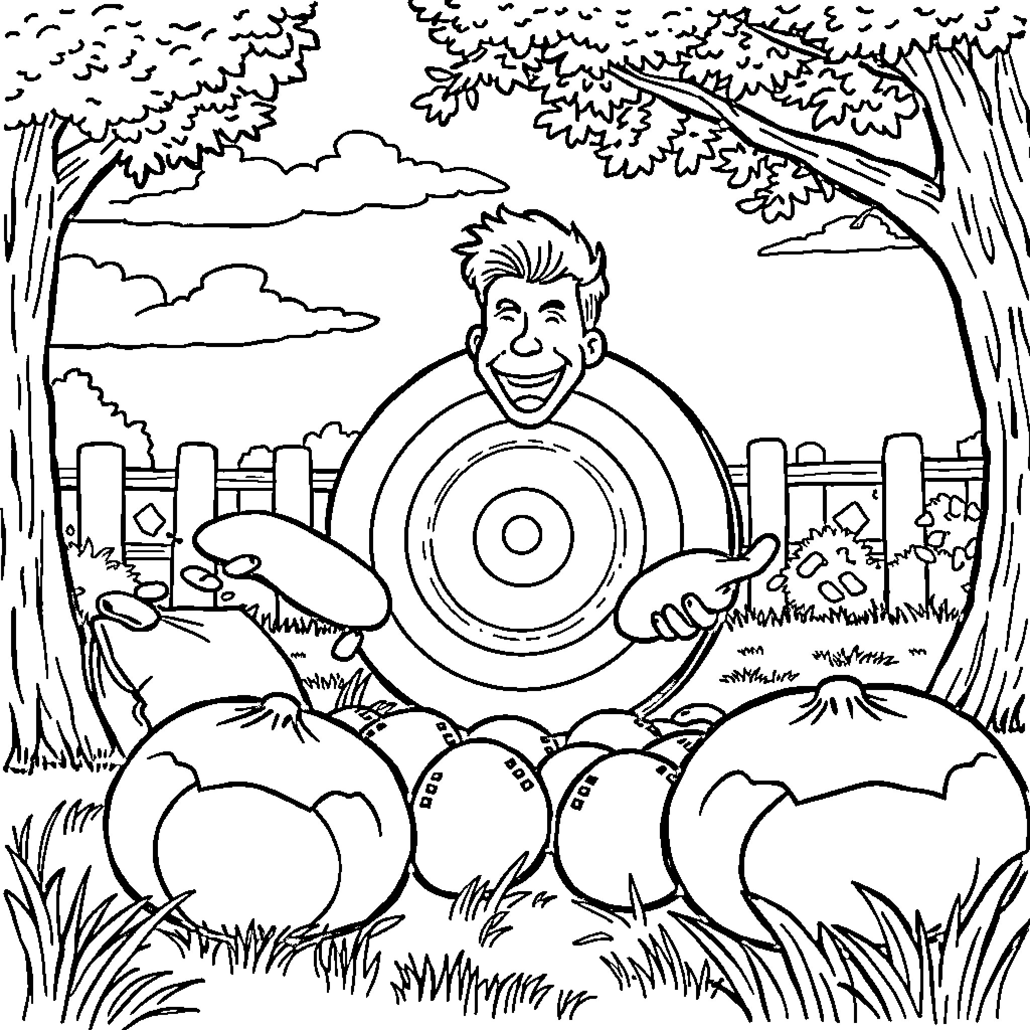 Adult man playing target game in outdoor setting Coloring Page (free black-and-white line drawing printable PDF for all, from beginners to advanced learners, including children, teens, adults, and seniors)