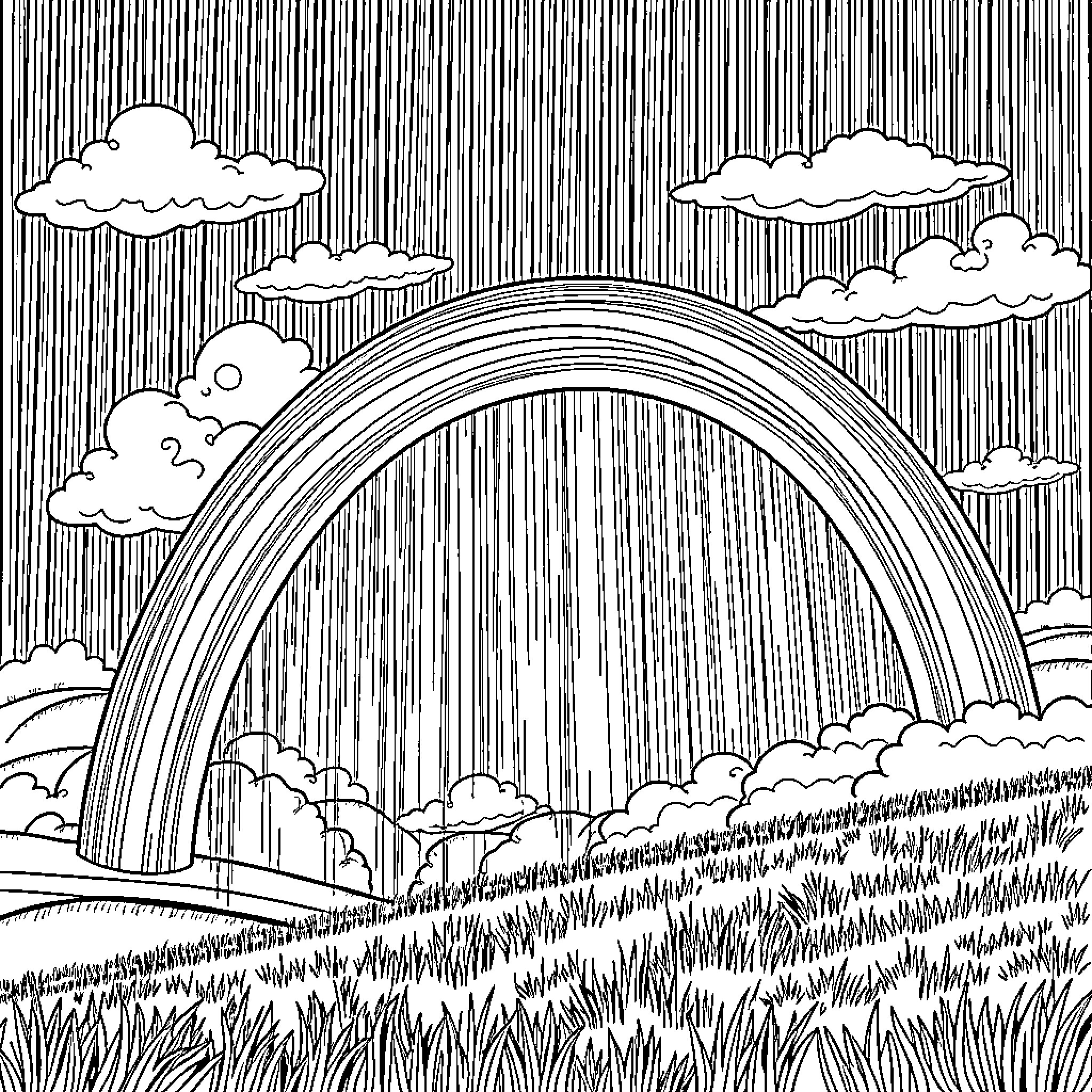 Rainbow Arch Stretches Across Stormy Sky Coloring Page (free black-and-white line drawing printable PDF for all, from beginners to advanced learners, including children, teens, adults, and seniors)