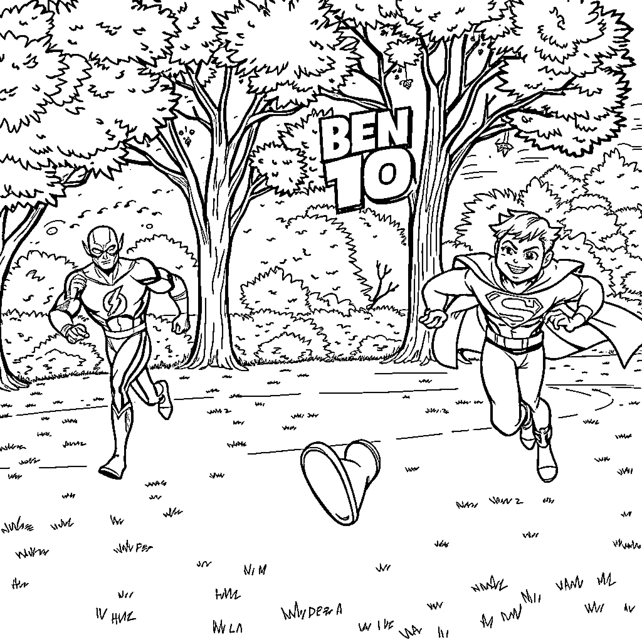 Ben 10 heroes playing and exploring in the forest Coloring Page (free black-and-white line drawing printable PDF for all, from beginners to advanced learners, including children, teens, adults, and seniors)