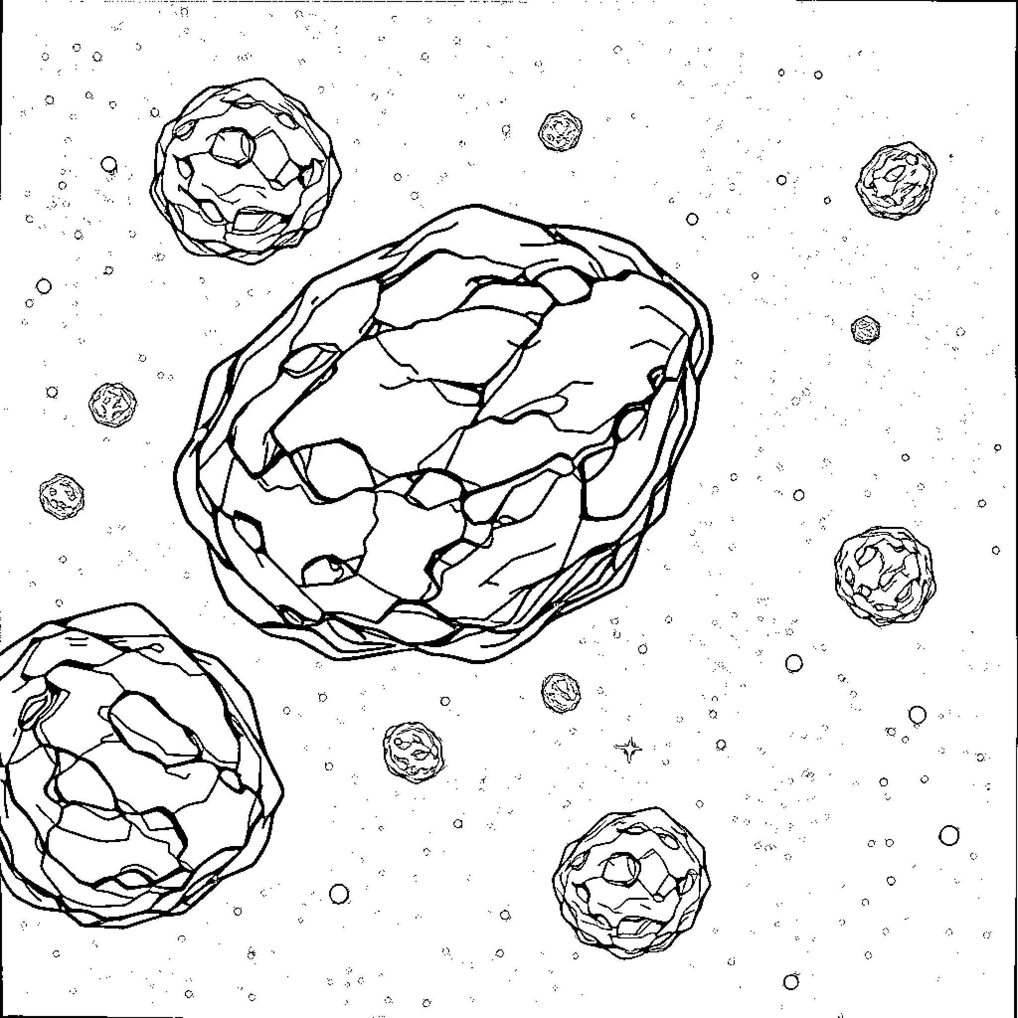 Asteroid fragments floating in the cosmos Coloring Page (free black-and-white line drawing printable PDF for all, from beginners to advanced learners, including children, teens, adults, and seniors)