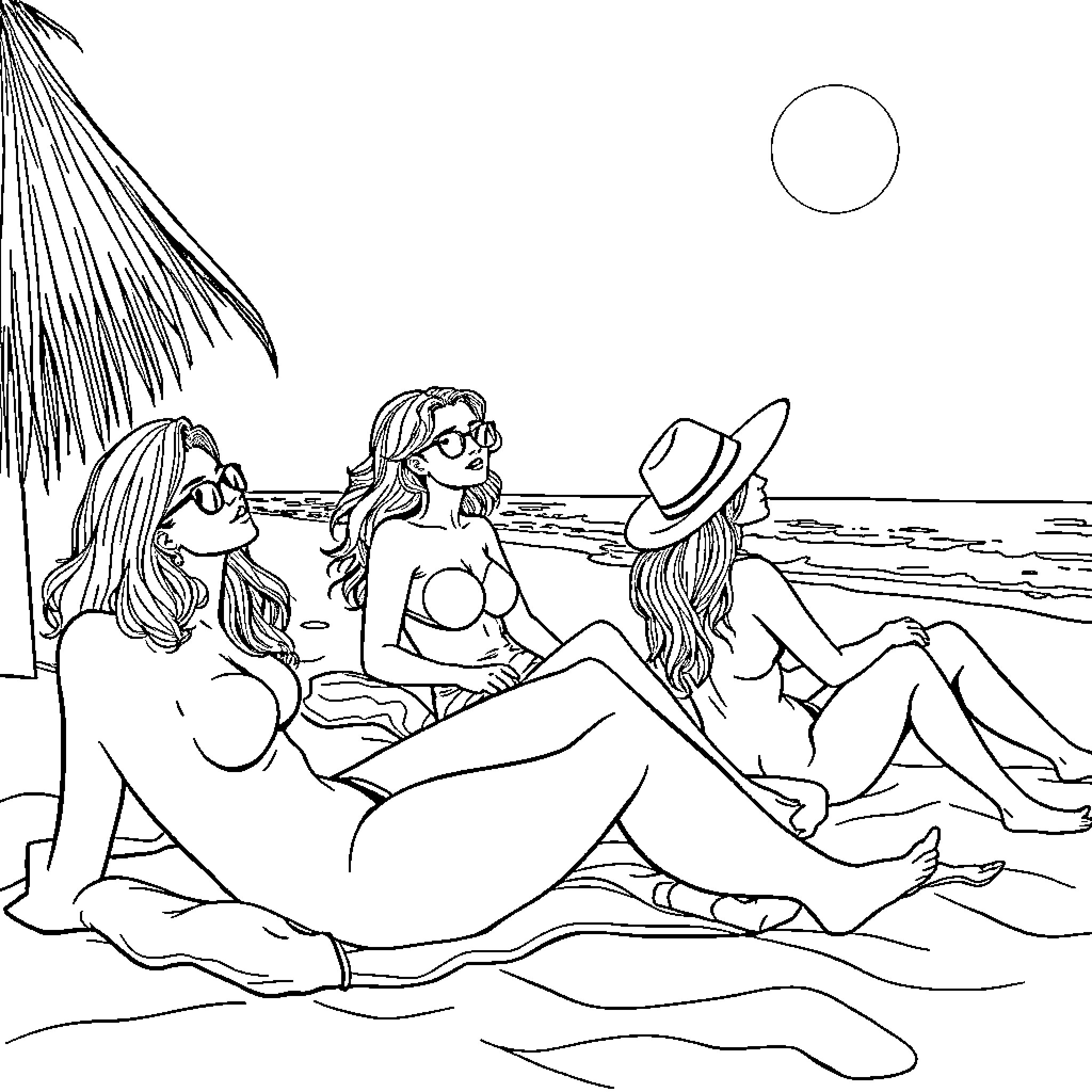 Women enjoying the beach on a sunny day Coloring Page (free black-and-white line drawing printable PDF for all, from beginners to advanced learners, including children, teens, adults, and seniors)