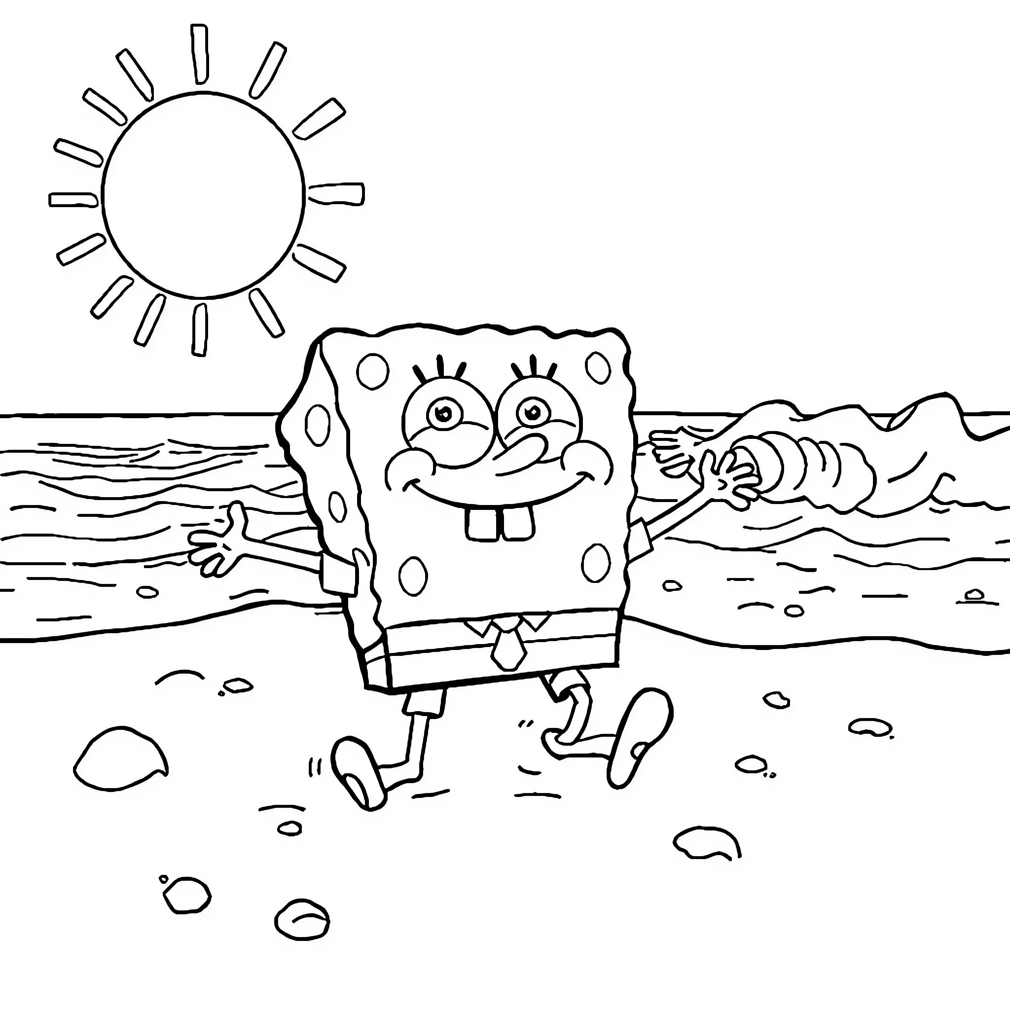 Sponge Bob enjoying a sunny day at the beach Coloring Page (free black-and-white line drawing printable PDF for all, from beginners to advanced learners, including children, teens, adults, and seniors)