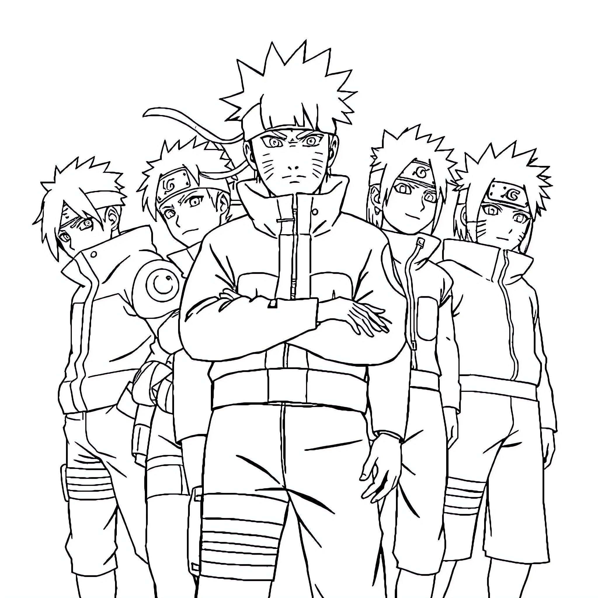 Naruto and his ninja squad in action Coloring Page (free black-and-white line drawing printable PDF for all, from beginners to advanced learners, including children, teens, adults, and seniors)