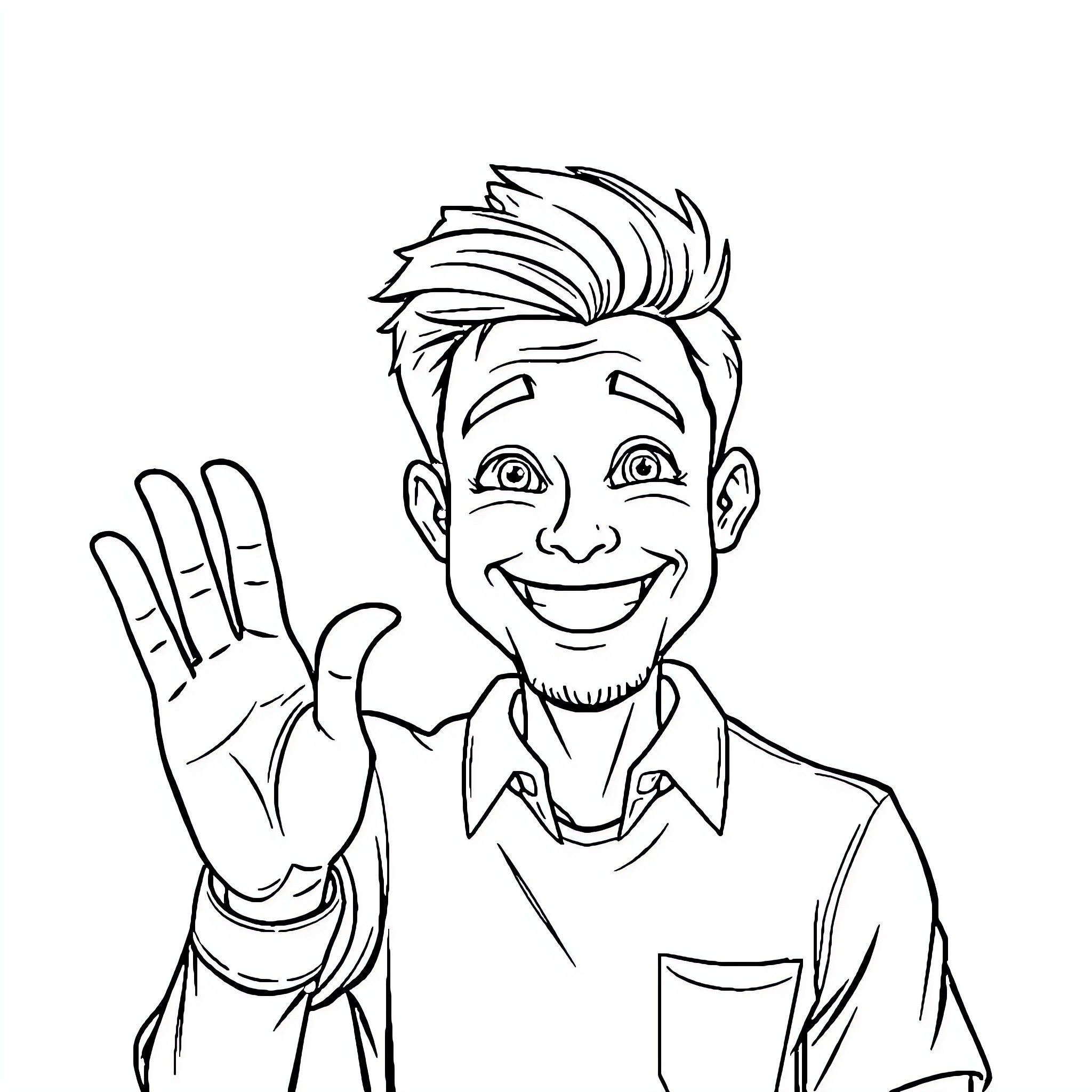 Guy Waving Happily with Cheerful Expression Coloring Page (free black-and-white line drawing printable PDF for all, from beginners to advanced learners, including children, teens, adults, and seniors)
