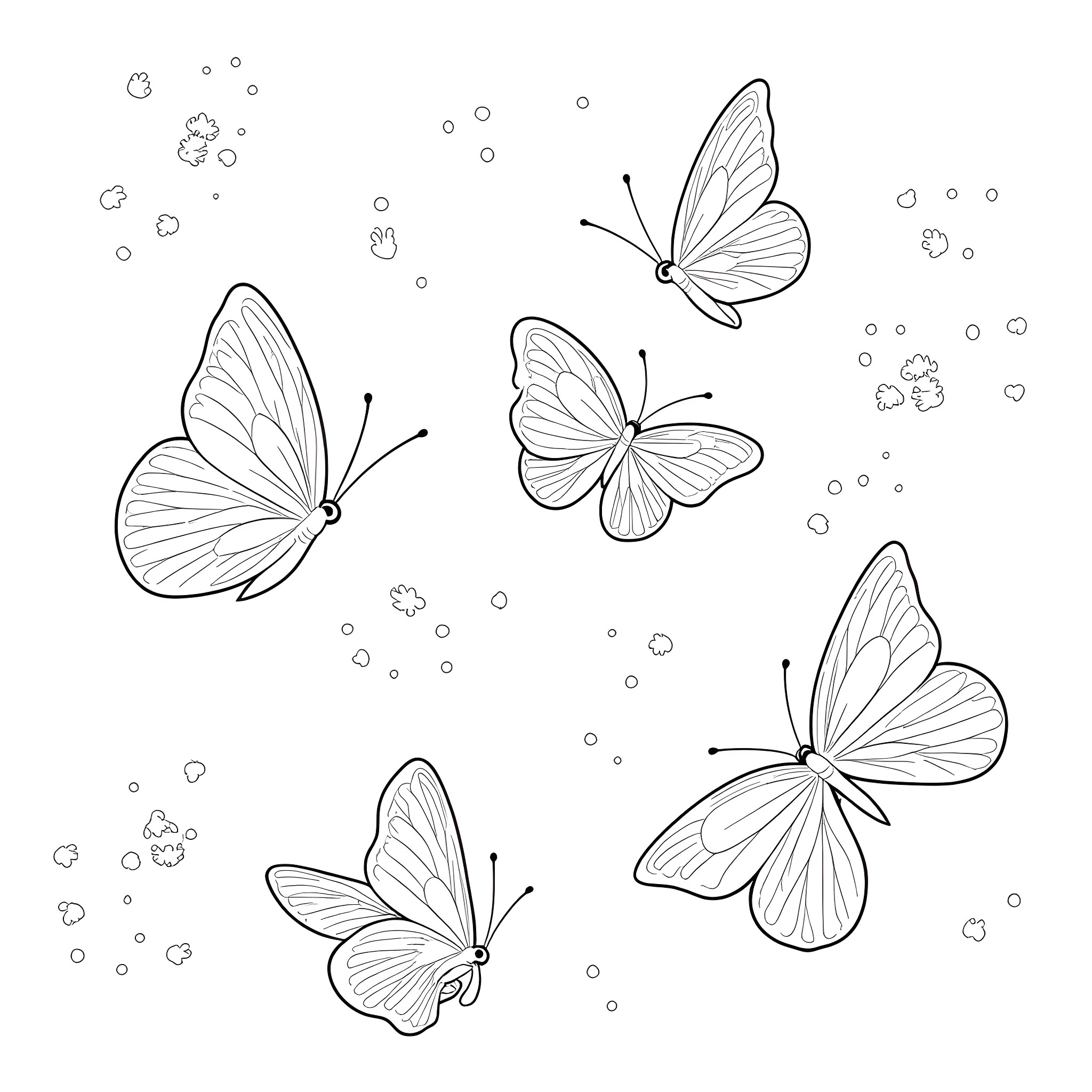 Butterfly dance in the breeze Coloring Page (free black-and-white line drawing printable PDF for all, from beginners to advanced learners, including children, teens, adults, and seniors)