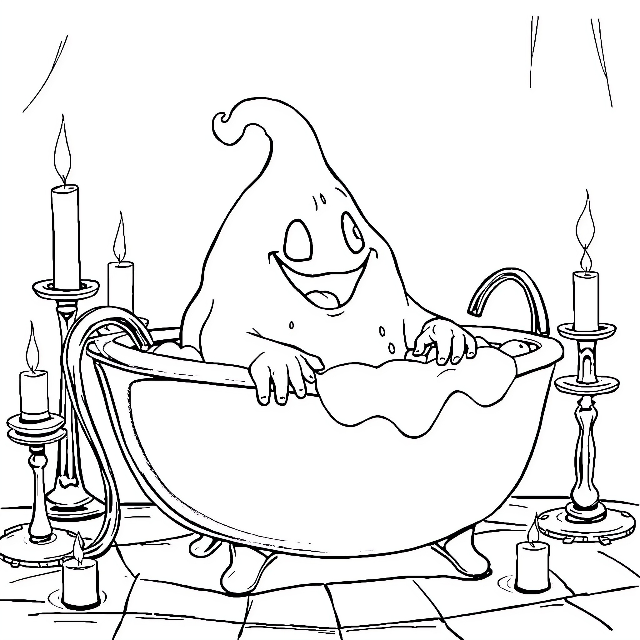 Oogie Boogie enjoying a spooky bath time Coloring Page (free black-and-white line drawing printable PDF for all, from beginners to advanced learners, including children, teens, adults, and seniors)