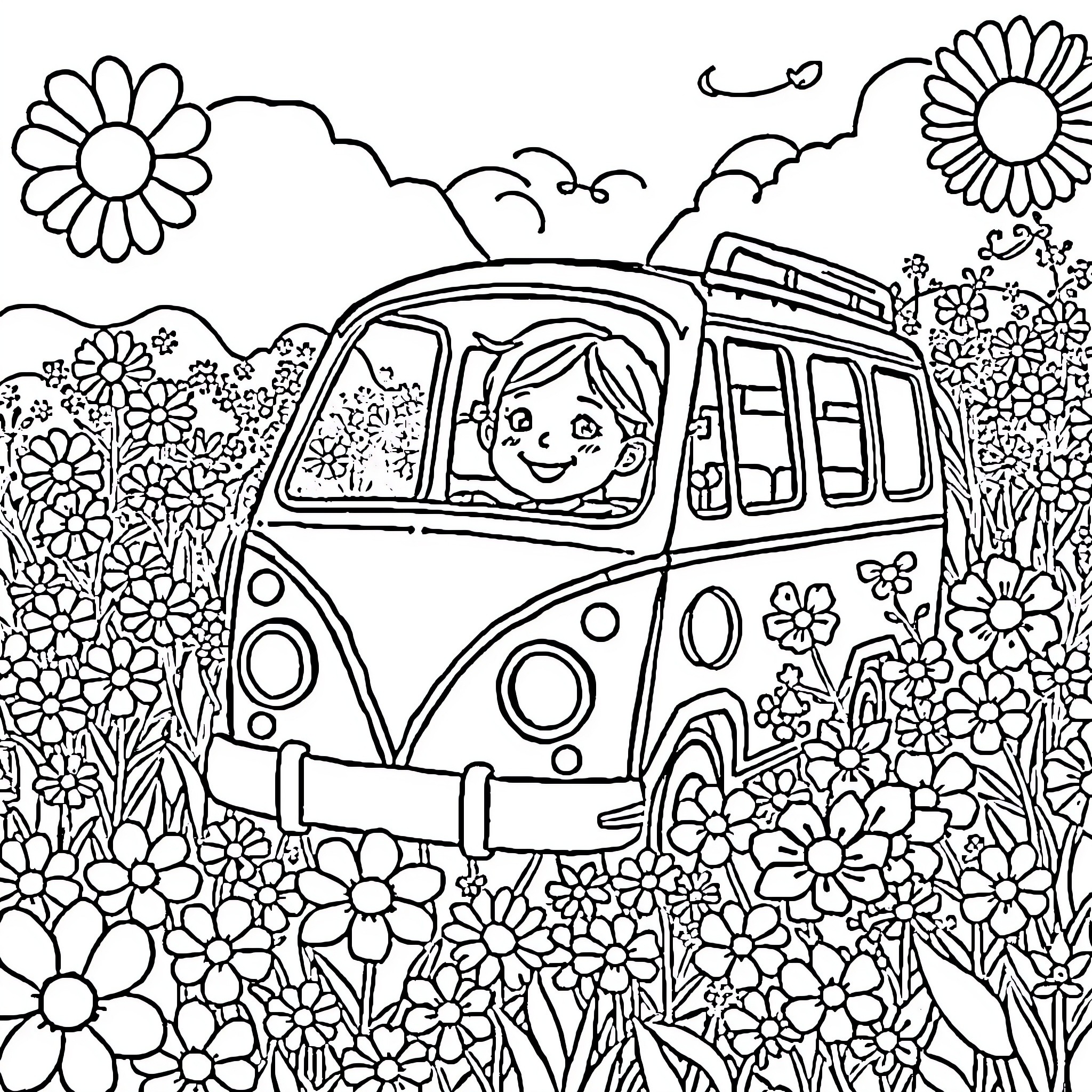 Fille enjoying a flower-filled road trip Coloring Page (free black-and-white line drawing printable PDF for all, from beginners to advanced learners, including children, teens, adults, and seniors)